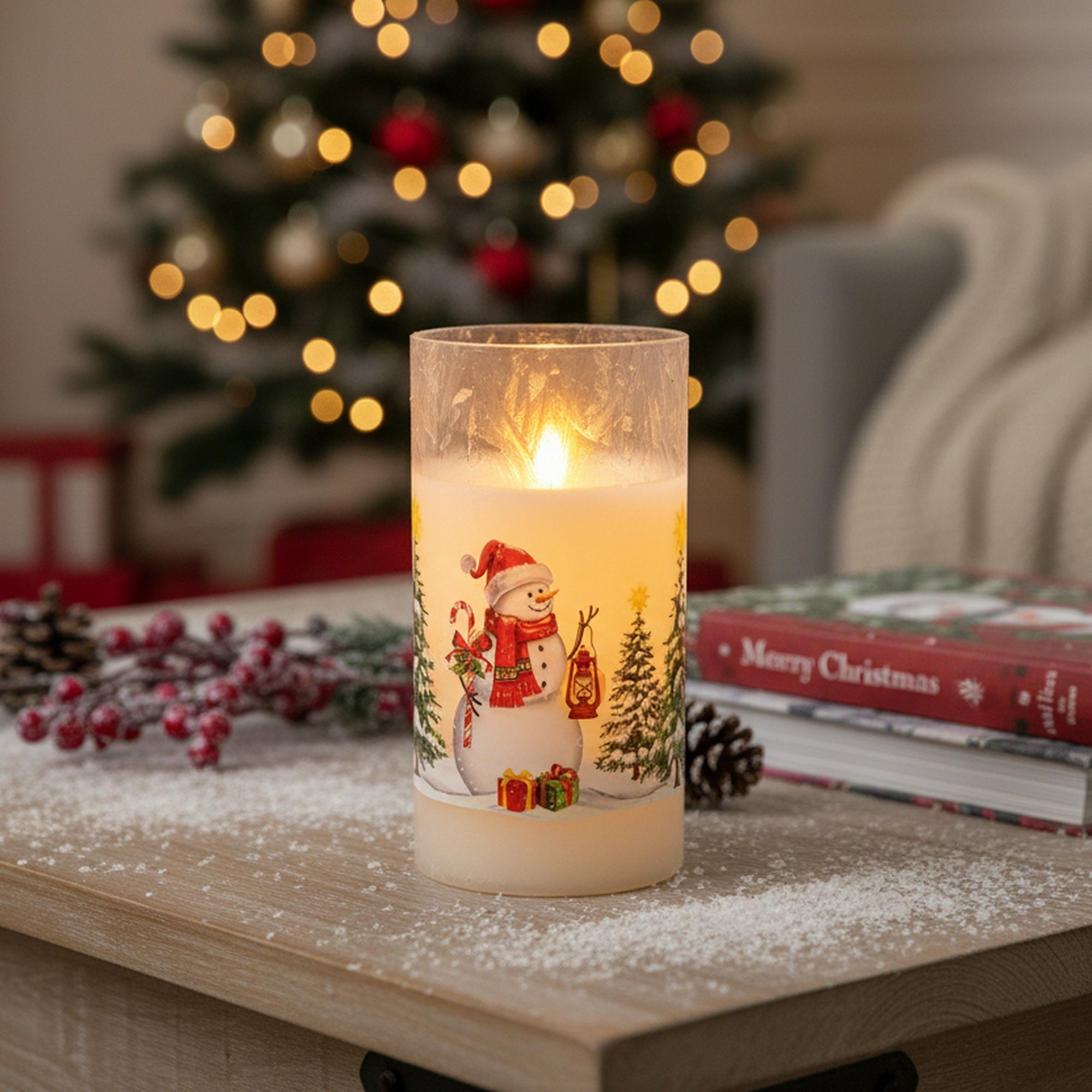 6" LED Glass Wax Candle Snowman, Christmas, Decorative Candle, Holiday Decor