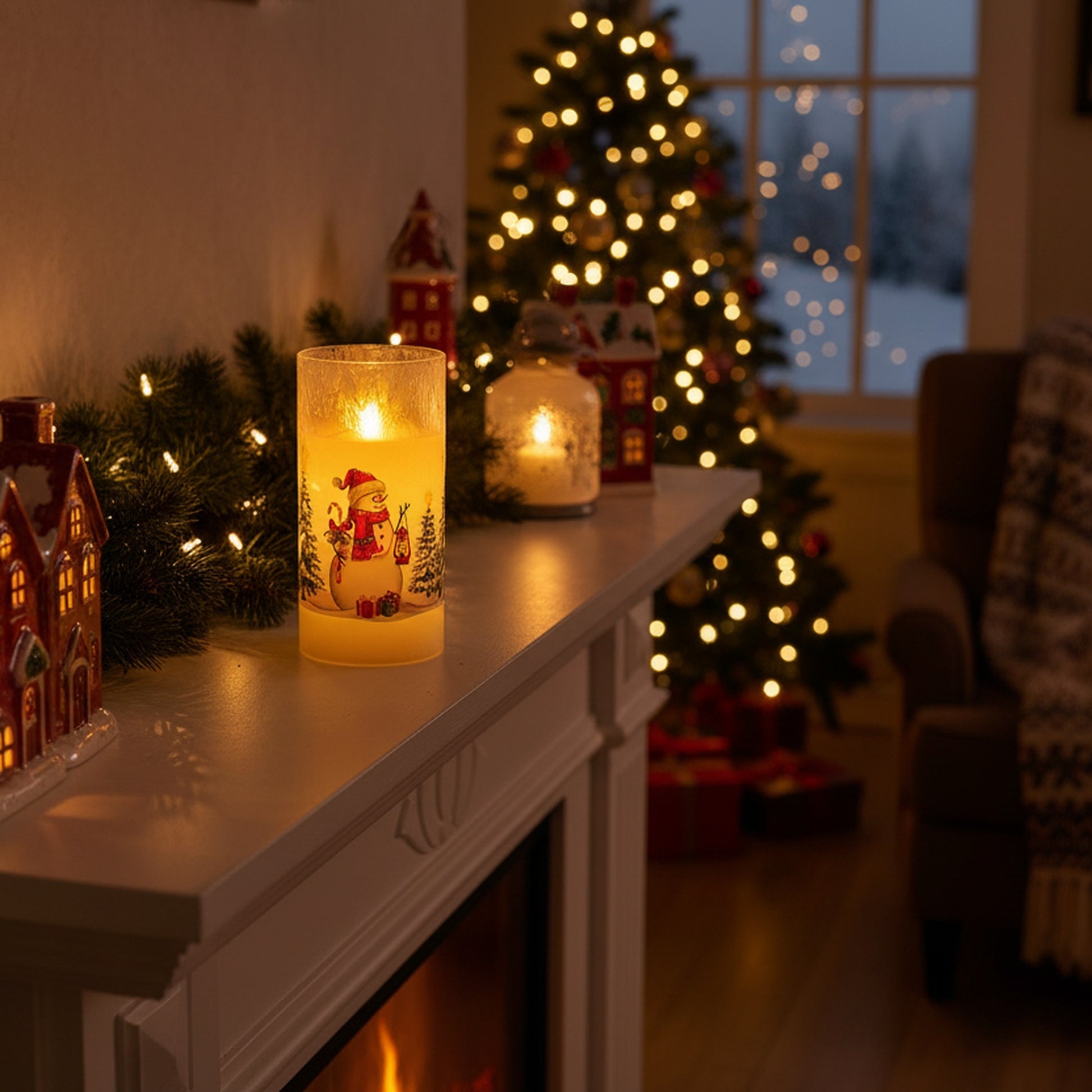 6" LED Glass Wax Candle Snowman, Christmas, Decorative Candle, Holiday Decor