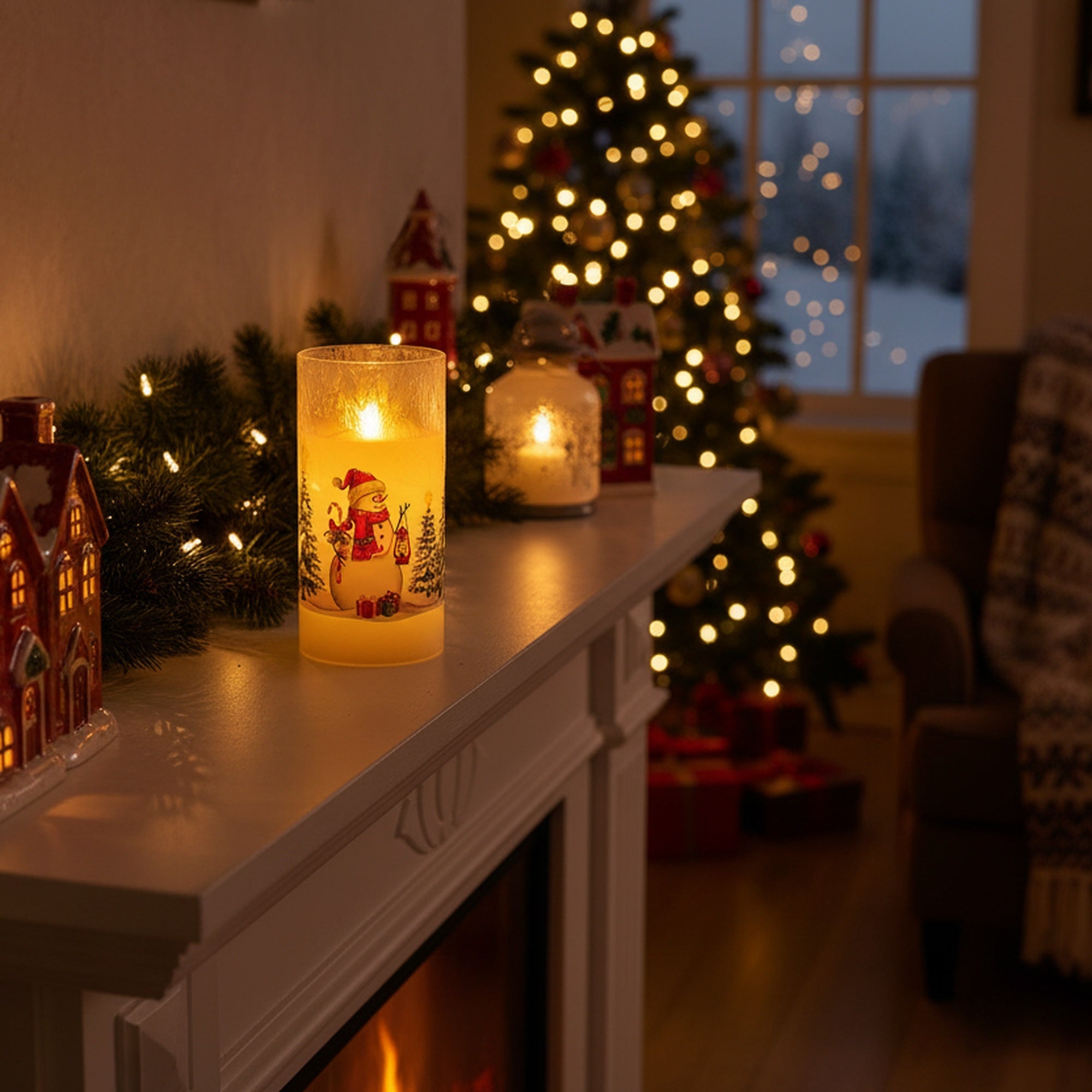 6" LED Glass Wax Candle Snowman, Christmas, Decorative Candle, Holiday Decor