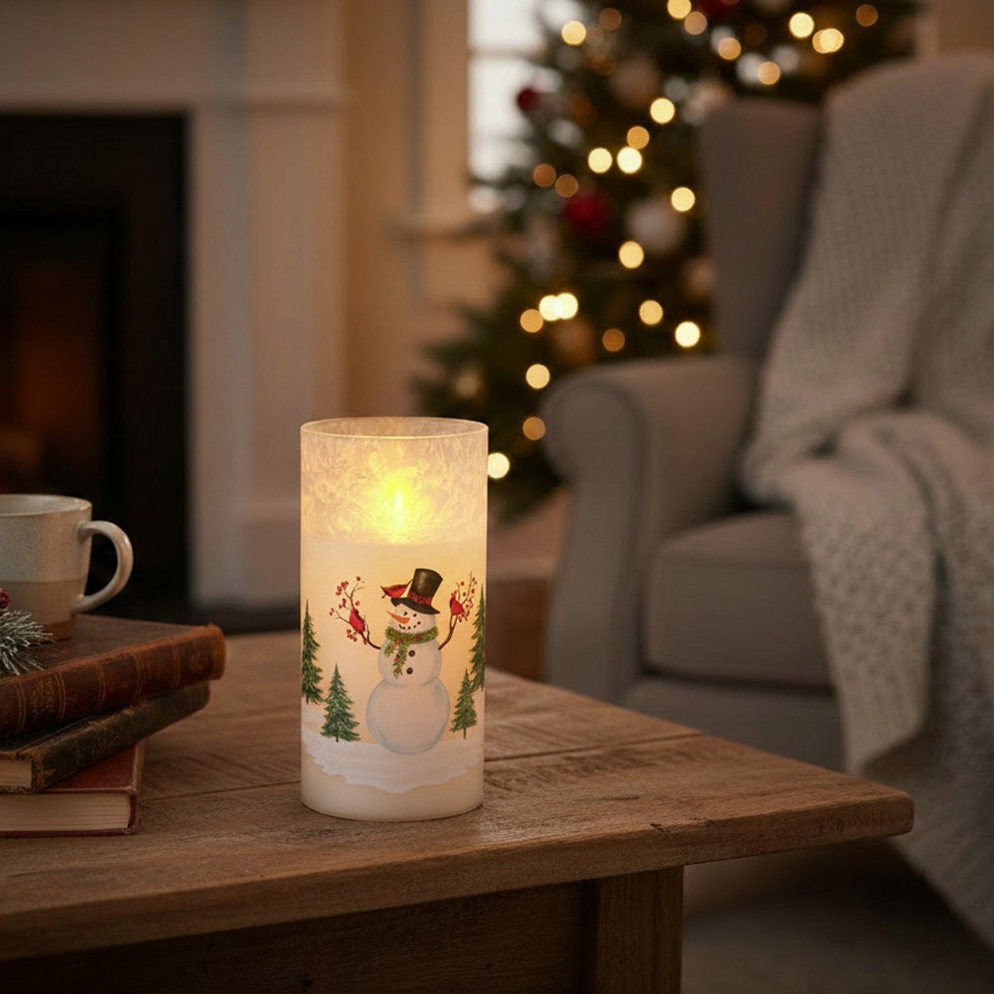5" LED Glass Wax Candle Snowman, Christmas, Decorative Candle, Holiday Decor