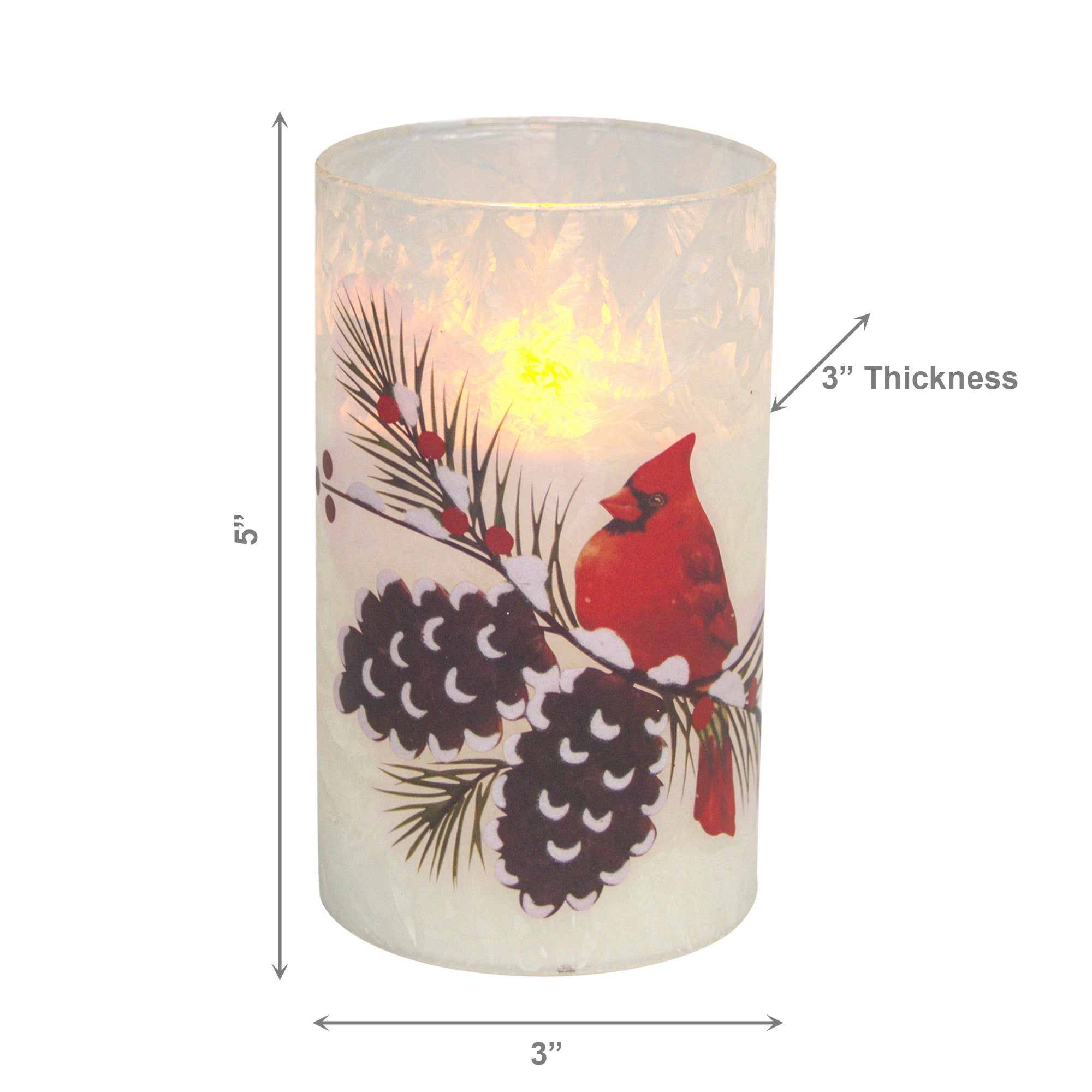 5" LED Glass Wax Candle Cardinal and Pinecone, Christmas, Decorative Candle, Holiday Decor