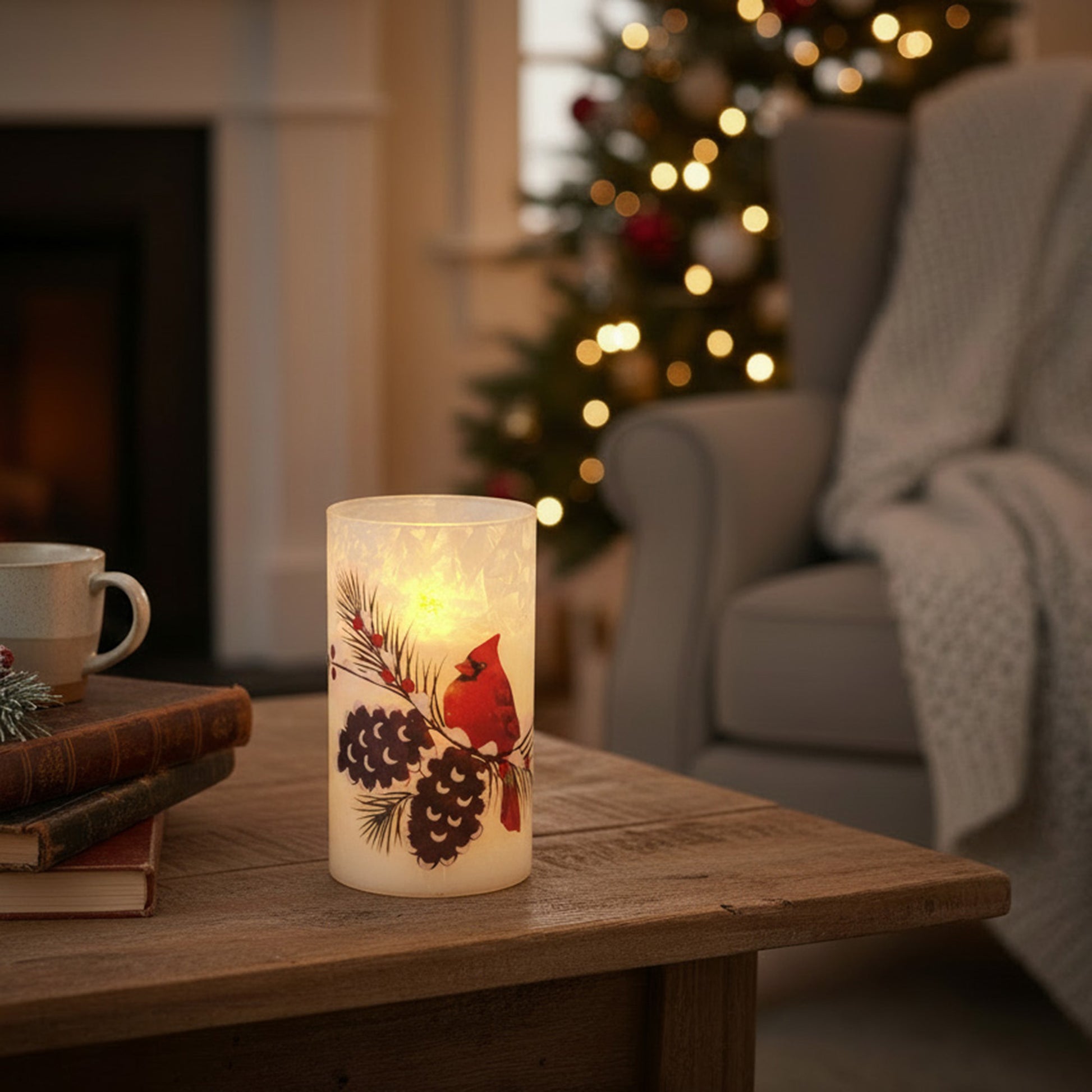 5" LED Glass Wax Candle Cardinal and Pinecone, Christmas, Decorative Candle, Holiday Decor