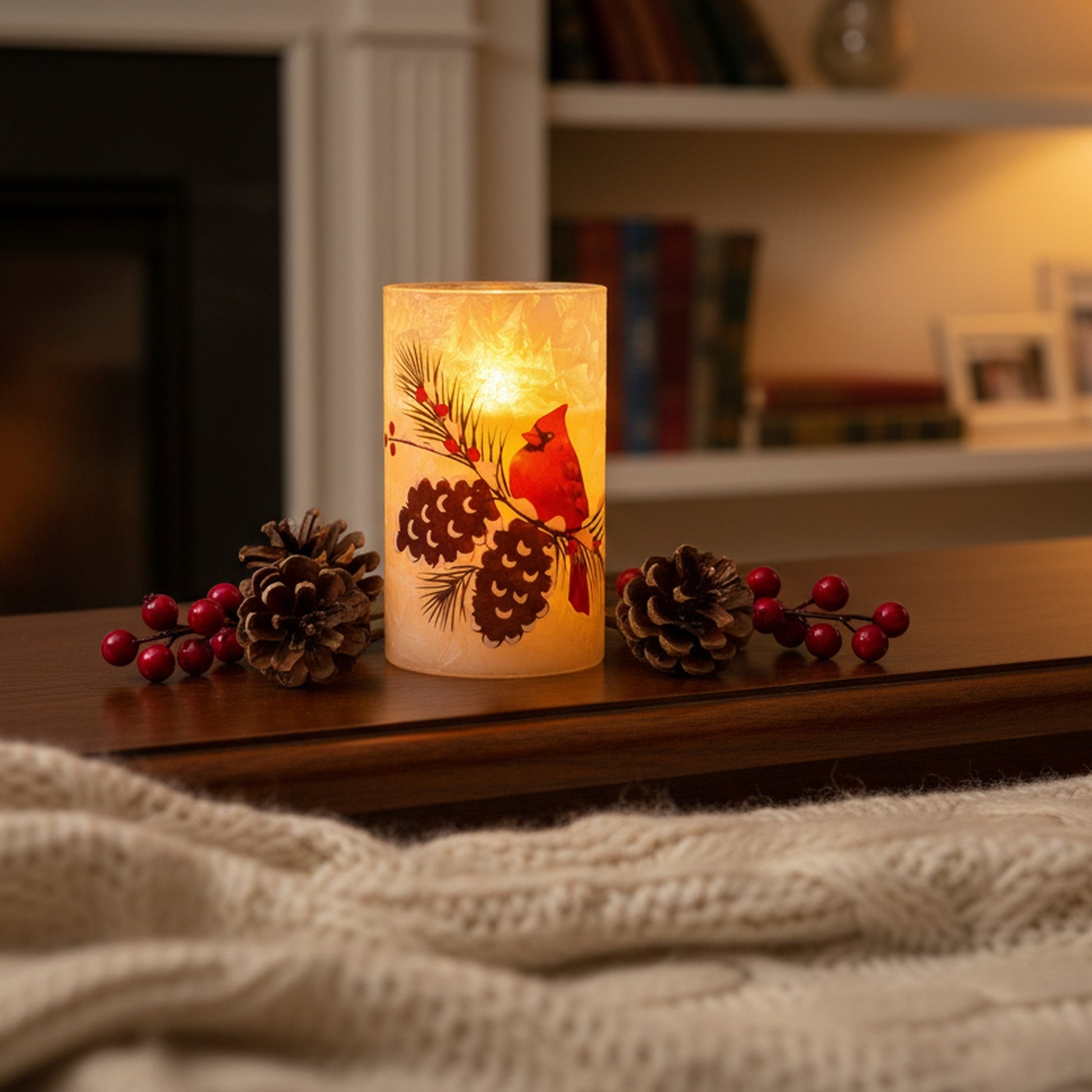 5" LED Glass Wax Candle Cardinal and Pinecone, Christmas, Decorative Candle, Holiday Decor
