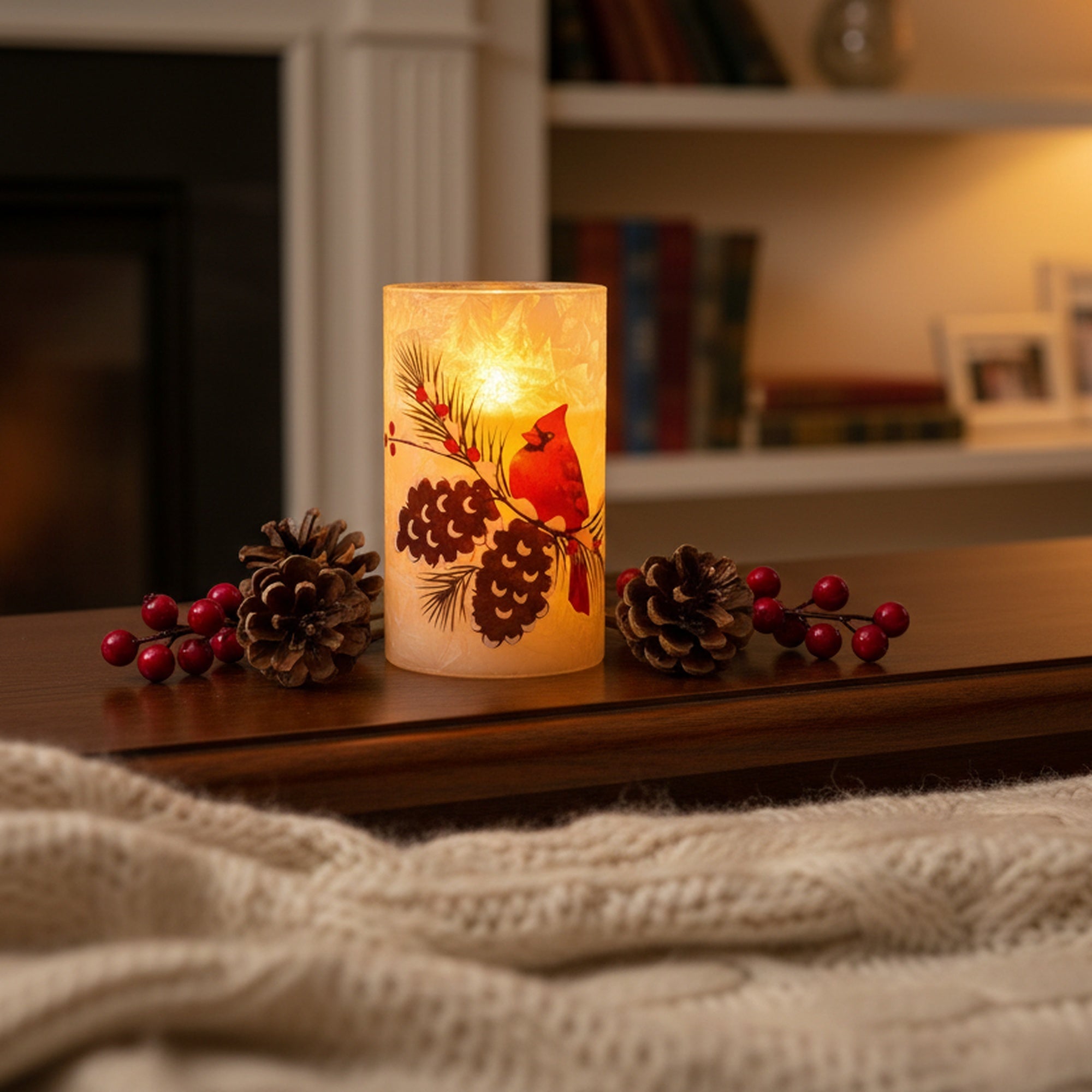 5" LED Glass Wax Candle Cardinal and Pinecone, Christmas, Decorative Candle, Holiday Decor