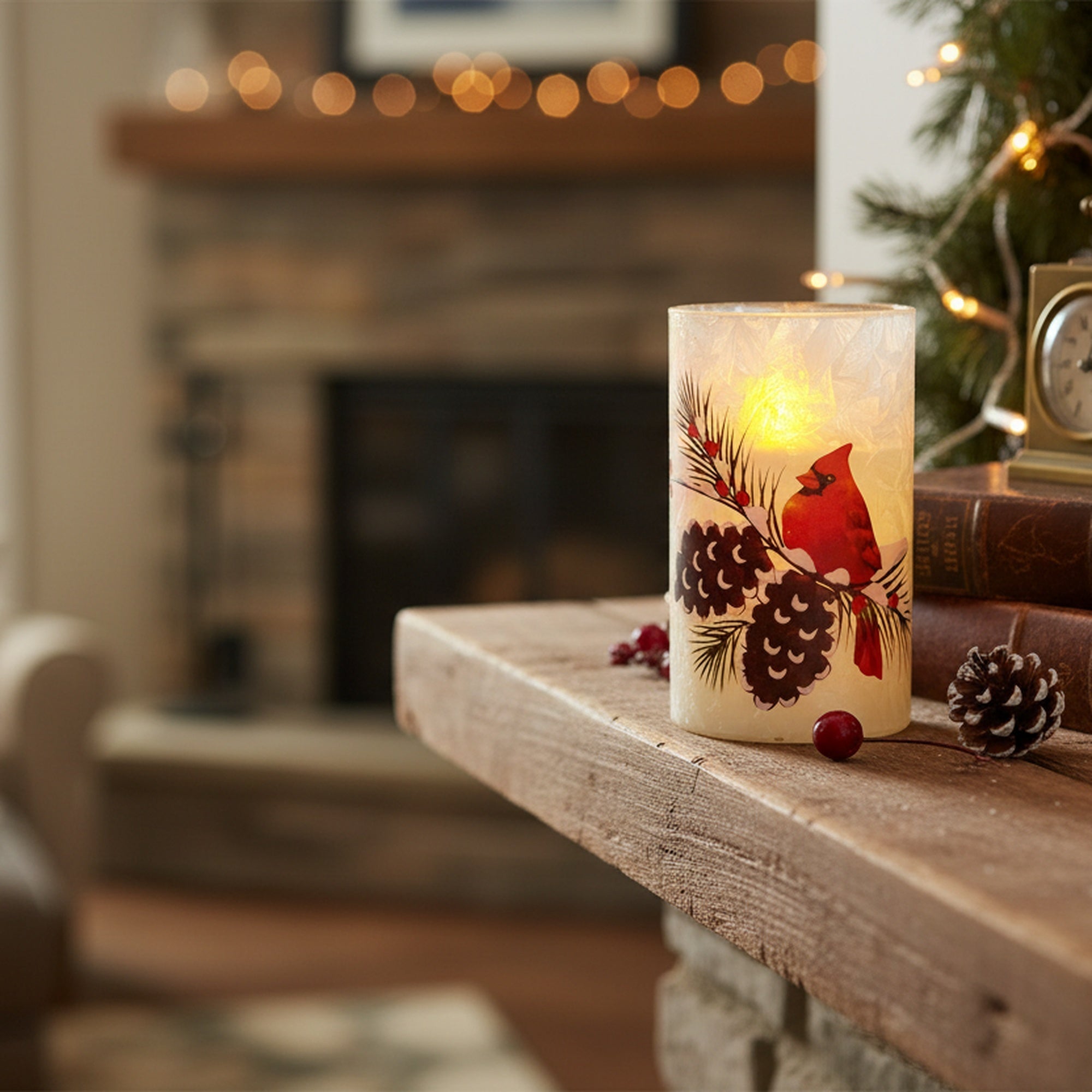 5" LED Glass Wax Candle Cardinal and Pinecone, Christmas, Decorative Candle, Holiday Decor