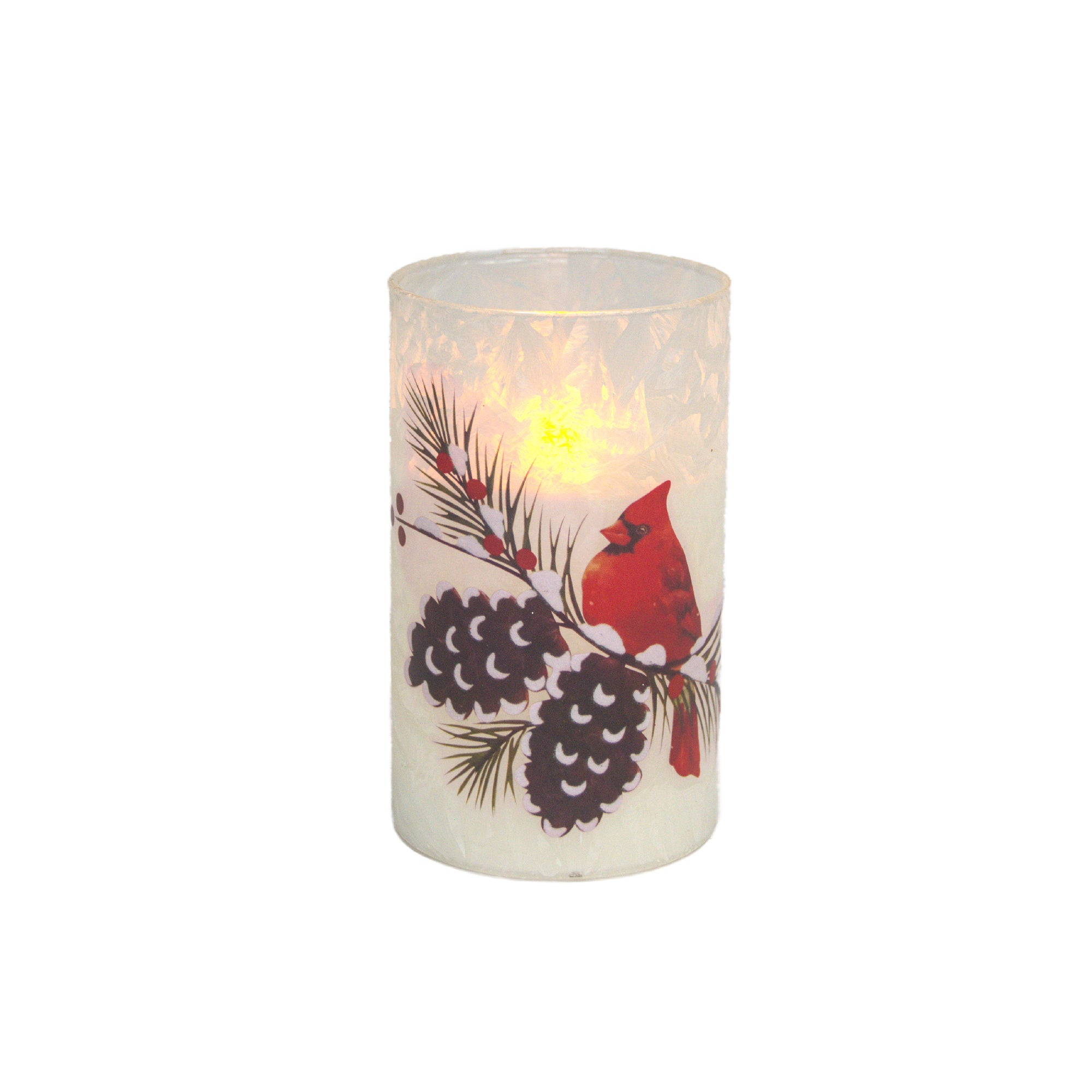 5" LED Glass Wax Candle Cardinal and Pinecone, Christmas, Decorative Candle, Holiday Decor