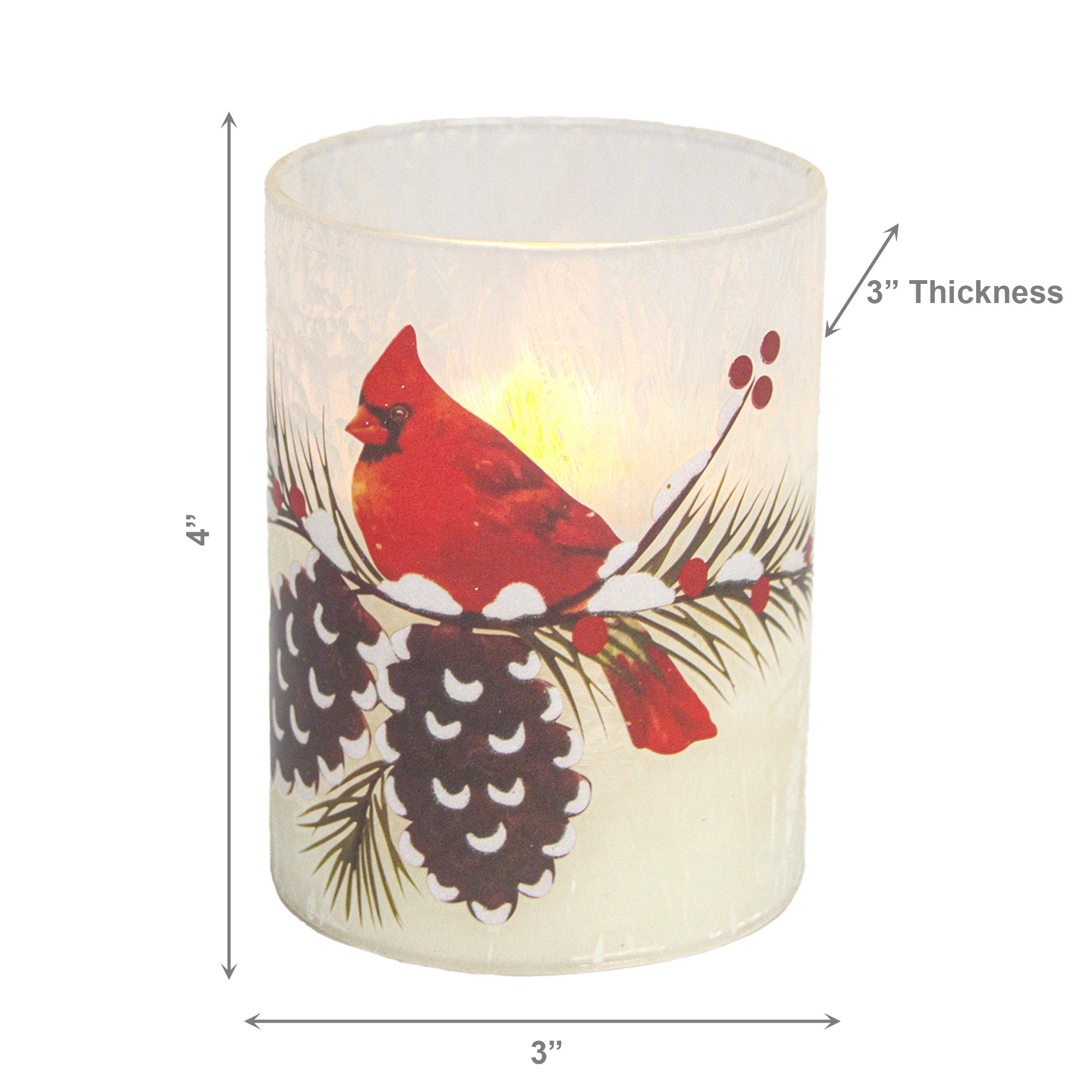 4" LED Glass Wax Candle Cardinal and Pinecone, Christmas, Decorative Candle, Holiday Decor