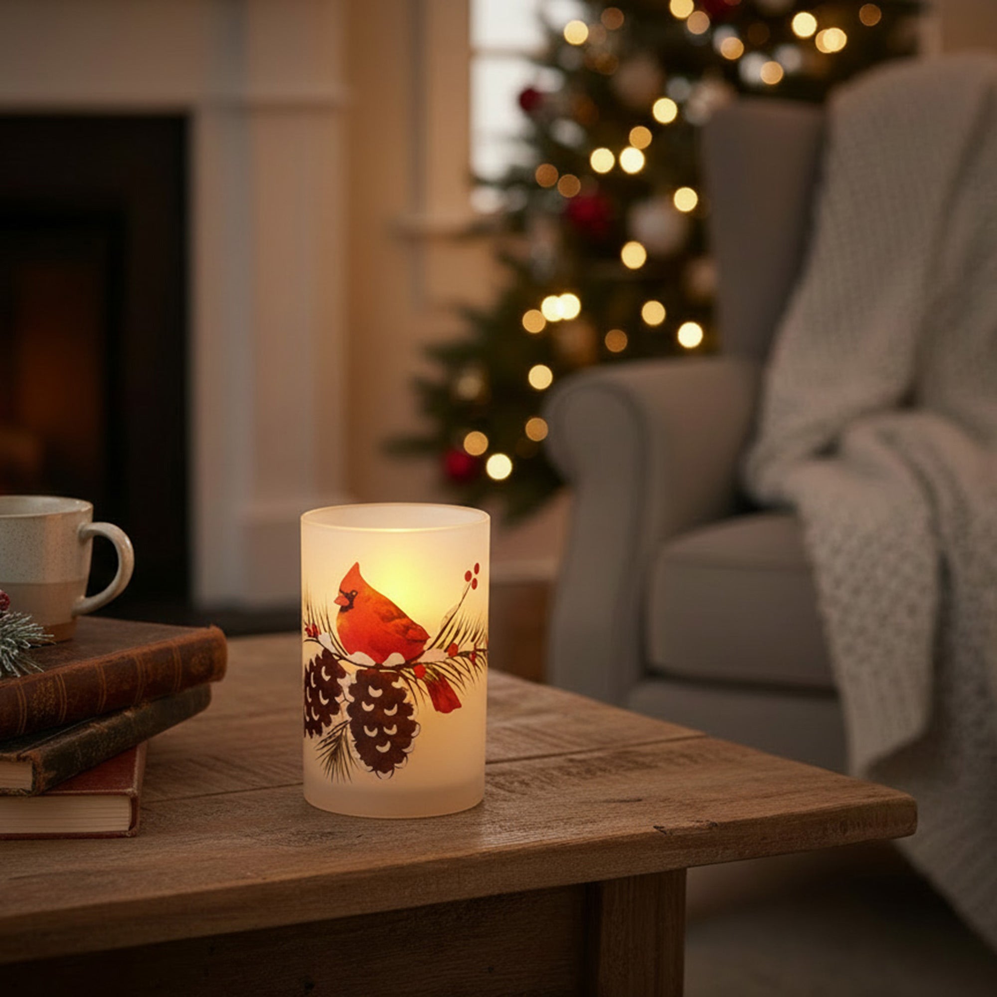 4" LED Glass Wax Candle Cardinal and Pinecone, Christmas, Decorative Candle, Holiday Decor