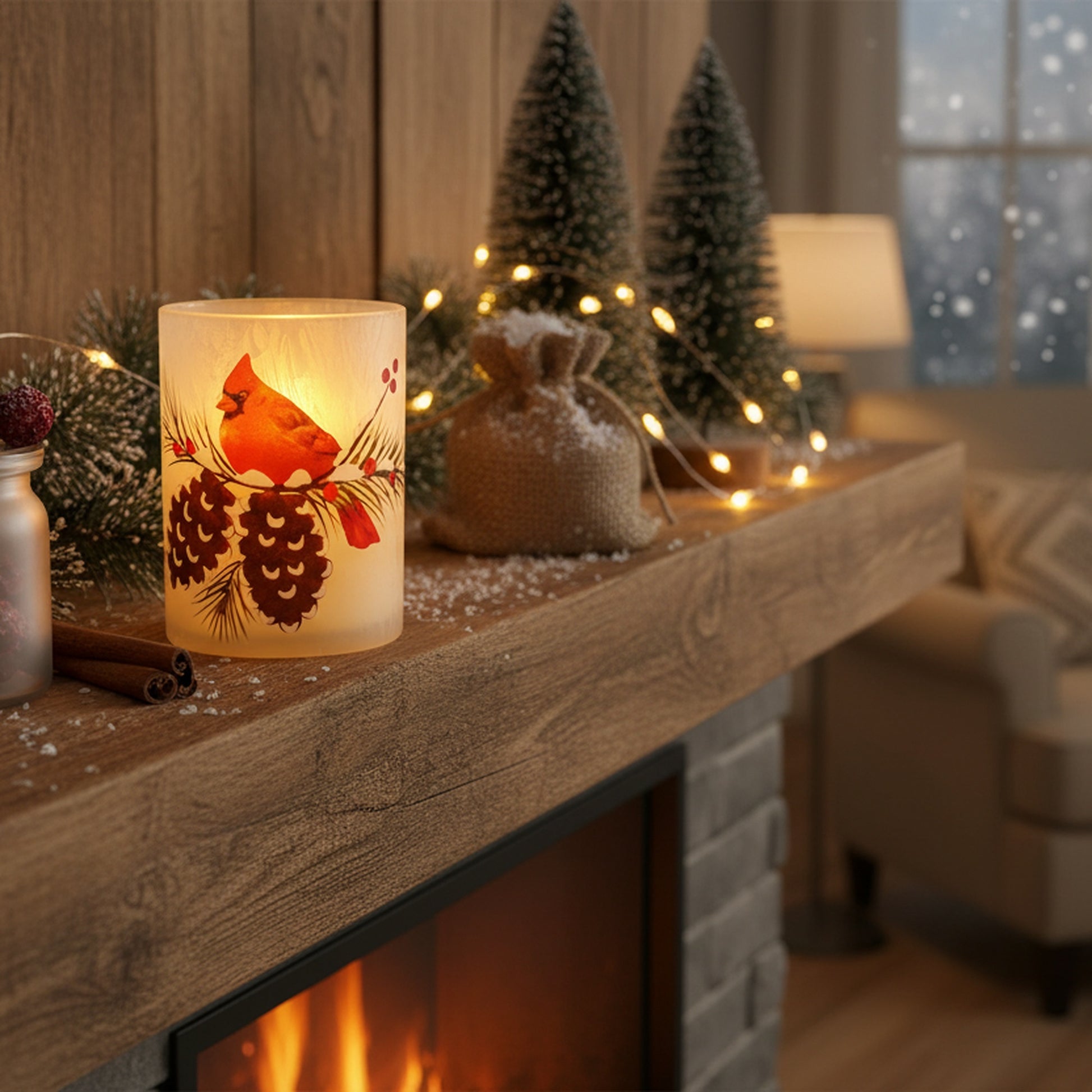 4" LED Glass Wax Candle Cardinal and Pinecone, Christmas, Decorative Candle, Holiday Decor
