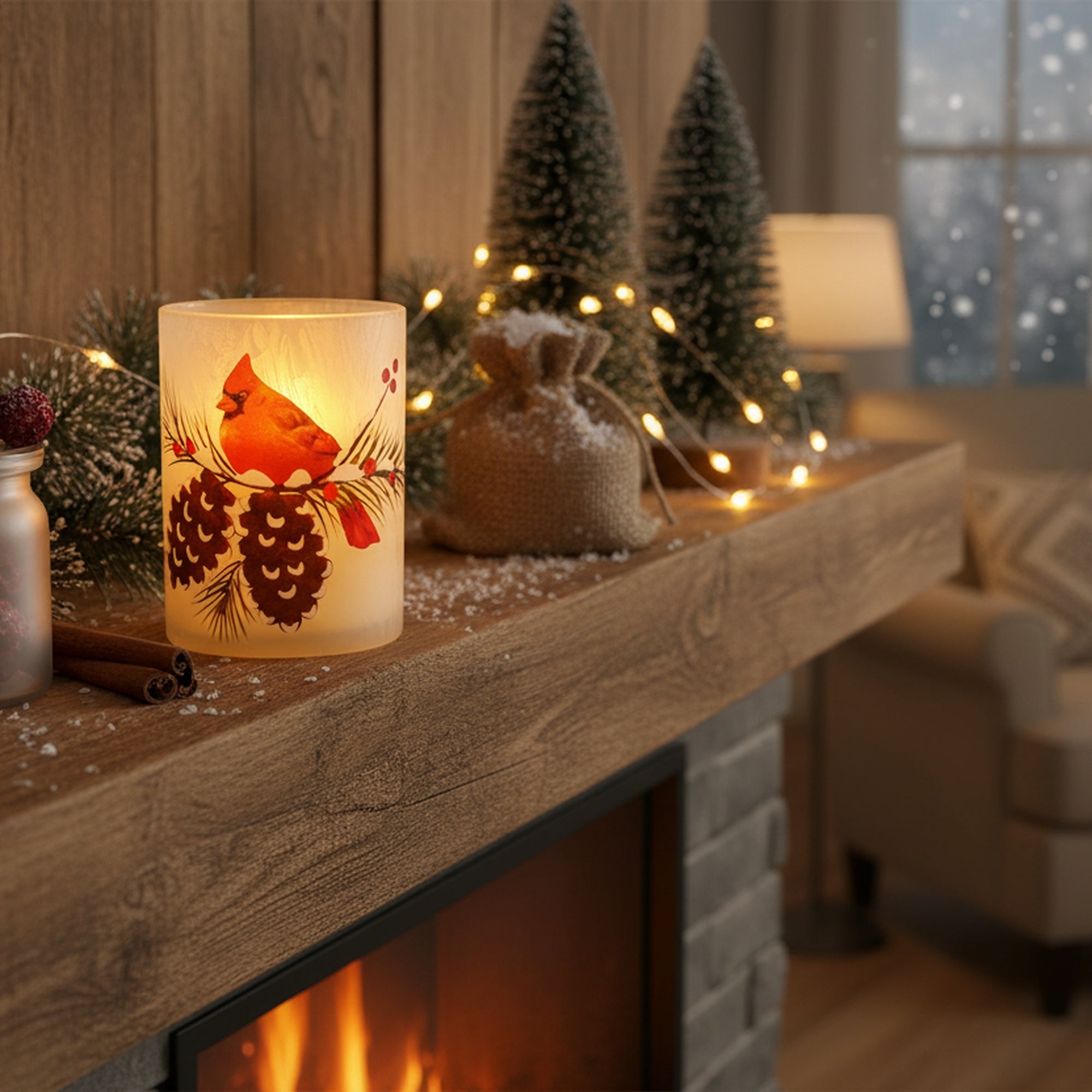 4" LED Glass Wax Candle Cardinal and Pinecone, Christmas, Decorative Candle, Holiday Decor