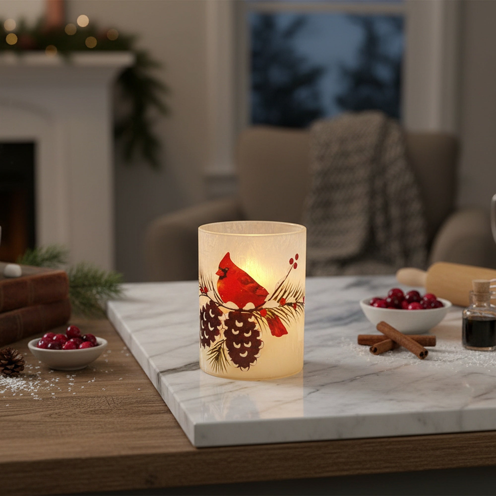 4" LED Glass Wax Candle Cardinal and Pinecone, Christmas, Decorative Candle, Holiday Decor