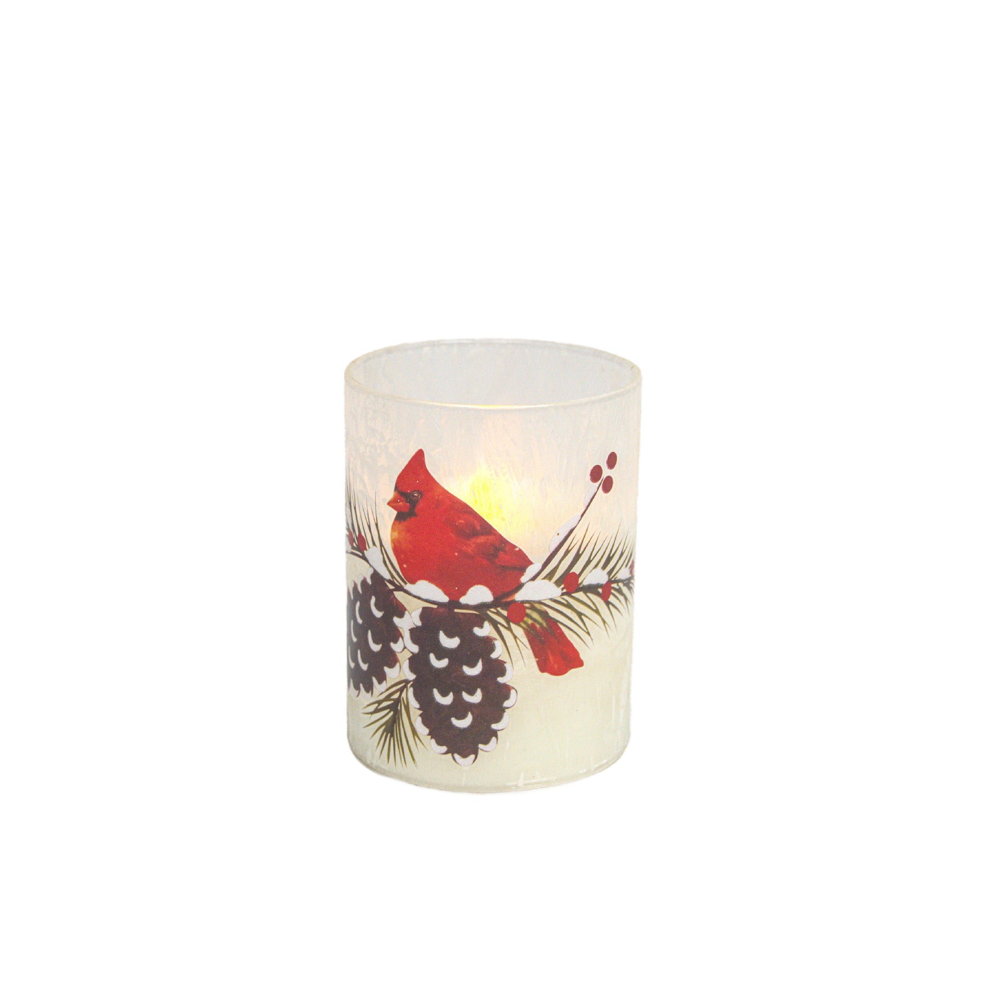 4" LED Glass Wax Candle Cardinal and Pinecone, Christmas, Decorative Candle, Holiday Decor