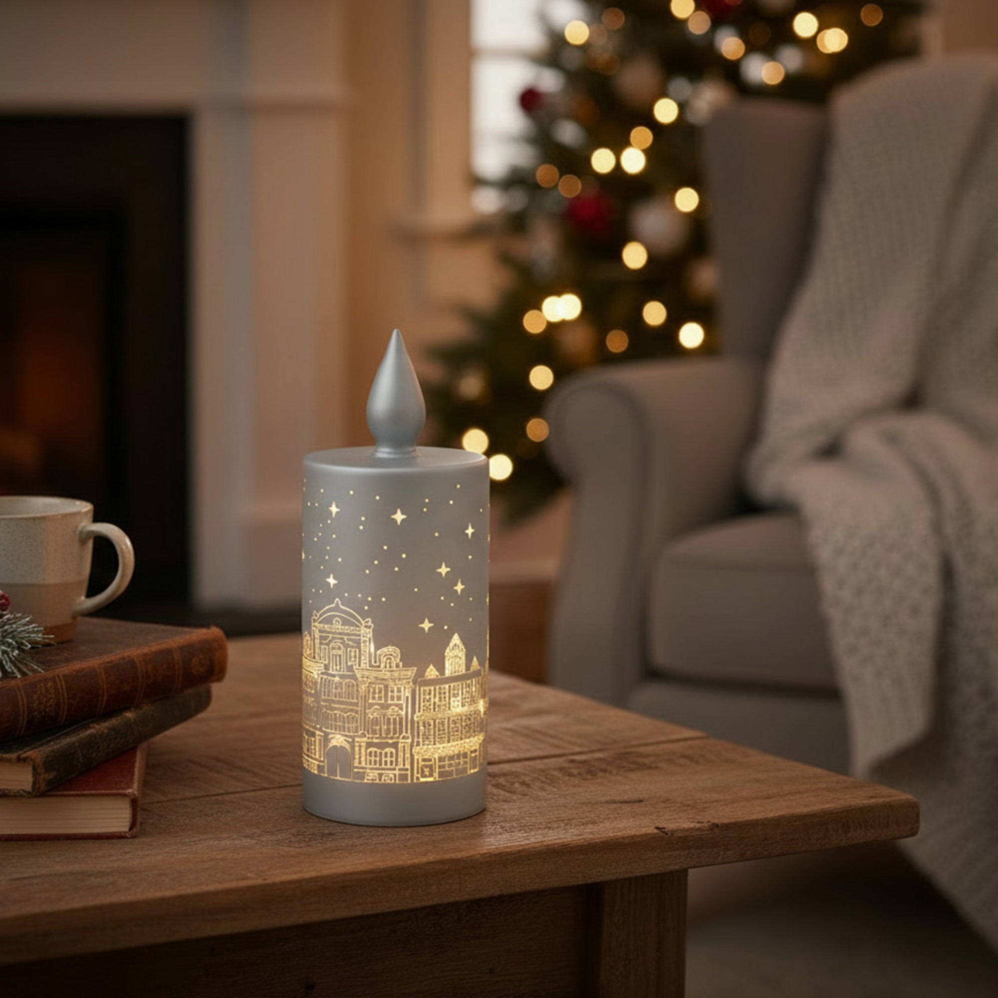 8" LED Glass Candle Scenic Silver, Holiday Decor