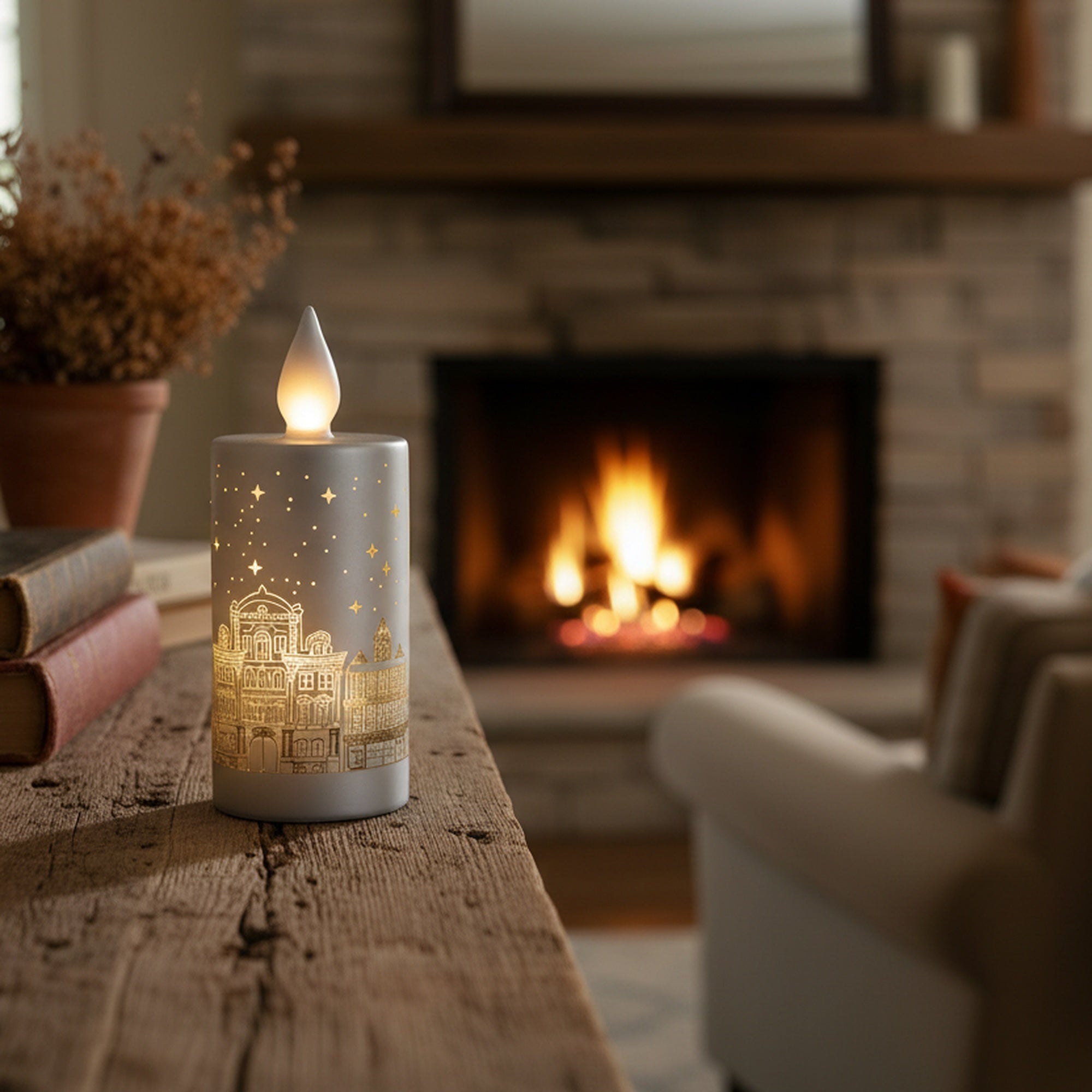 8" LED Glass Candle Scenic Silver, Holiday Decor