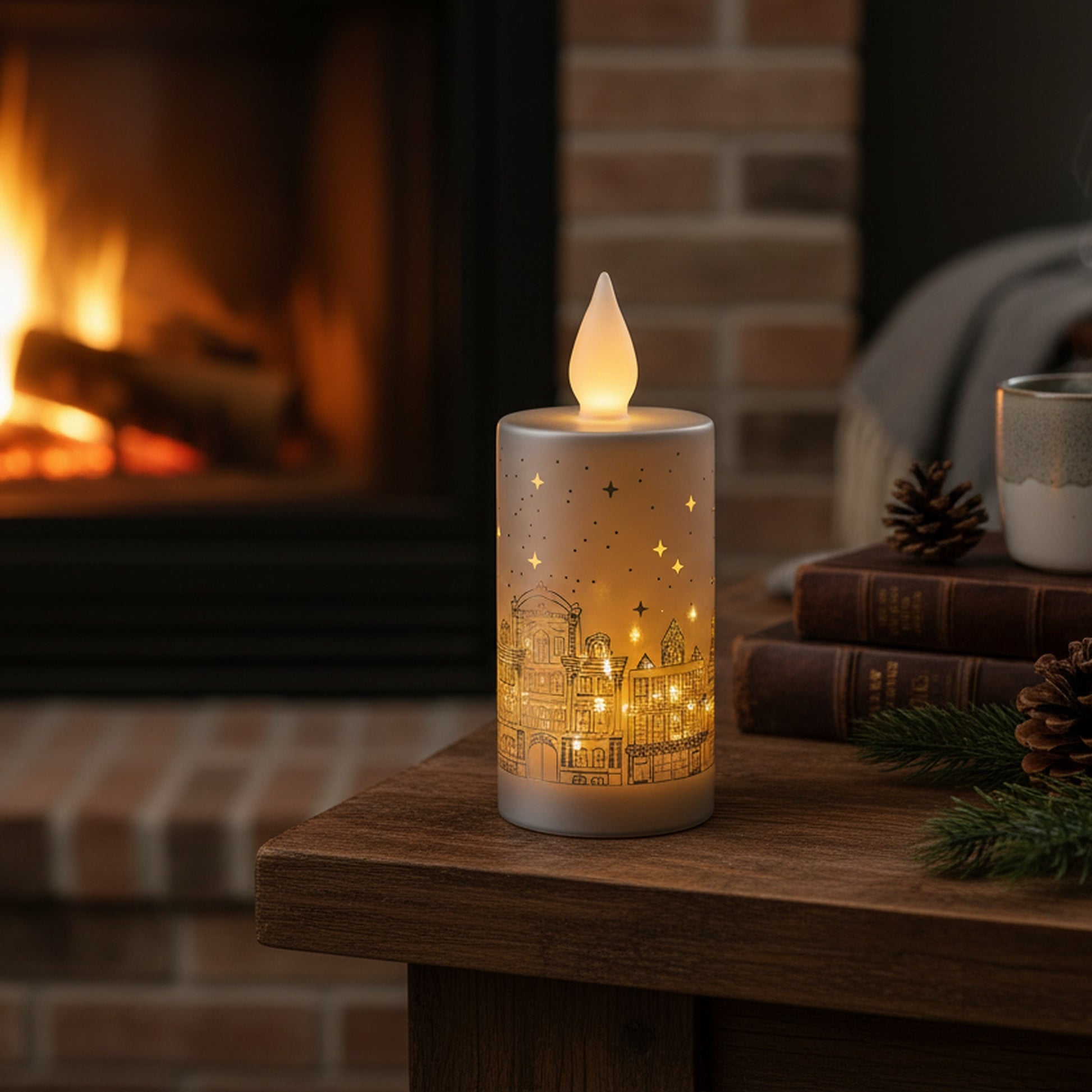 8" LED Glass Candle Scenic Silver, Holiday Decor