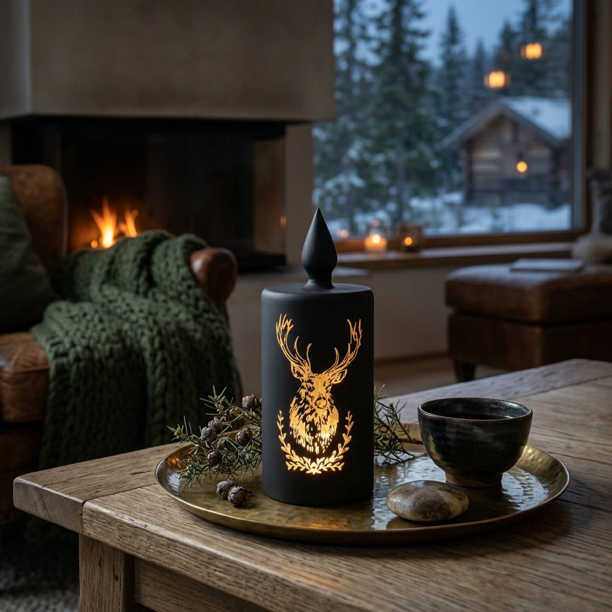 8" LED Glass Candle Reindeer Black, Christmas, Holiday Decor