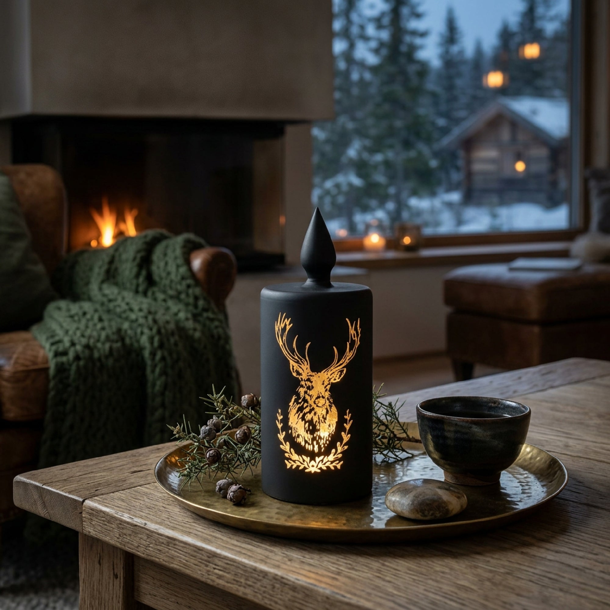 8" LED Glass Candle Reindeer Black, Christmas, Holiday Decor