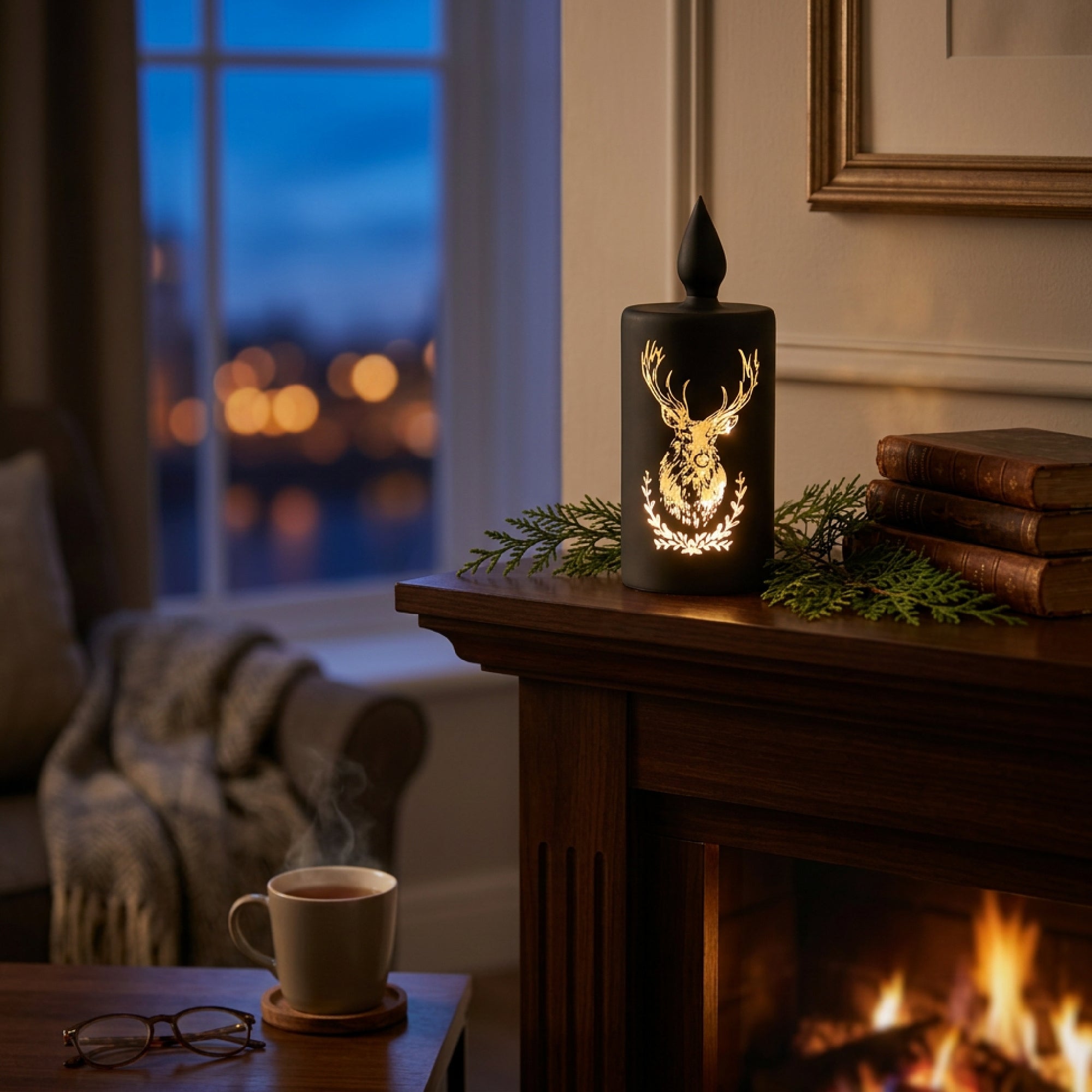 8" LED Glass Candle Reindeer Black, Christmas, Holiday Decor
