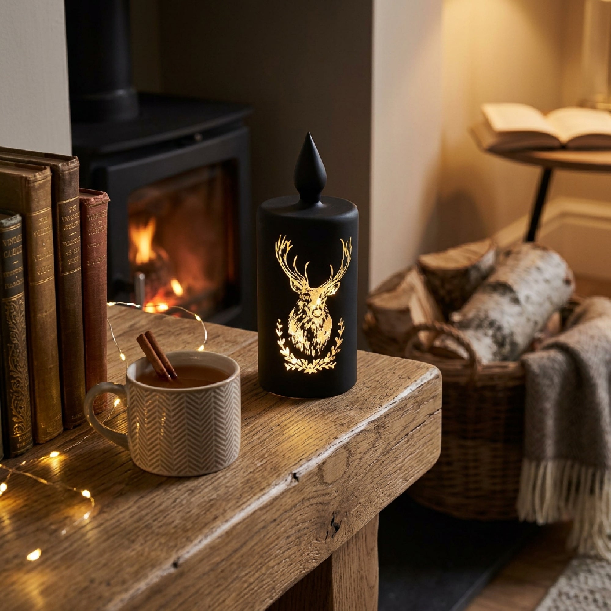 8" LED Glass Candle Reindeer Black, Christmas, Holiday Decor