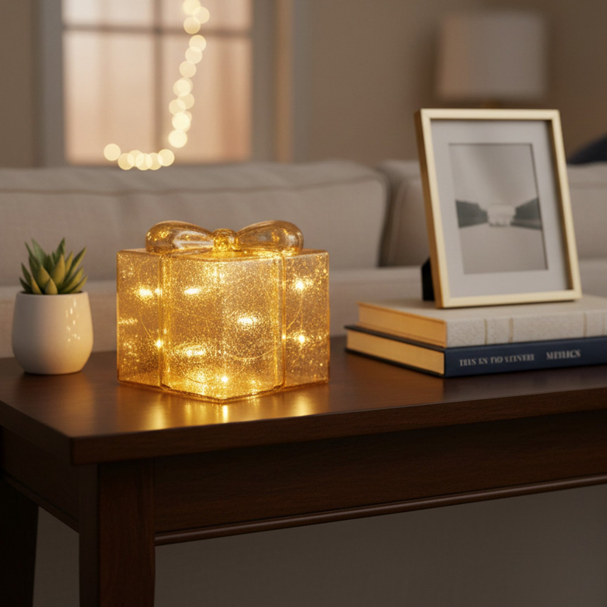 4.75" LED Glass Gift Box Gold, Storage Box, Holiday Decor