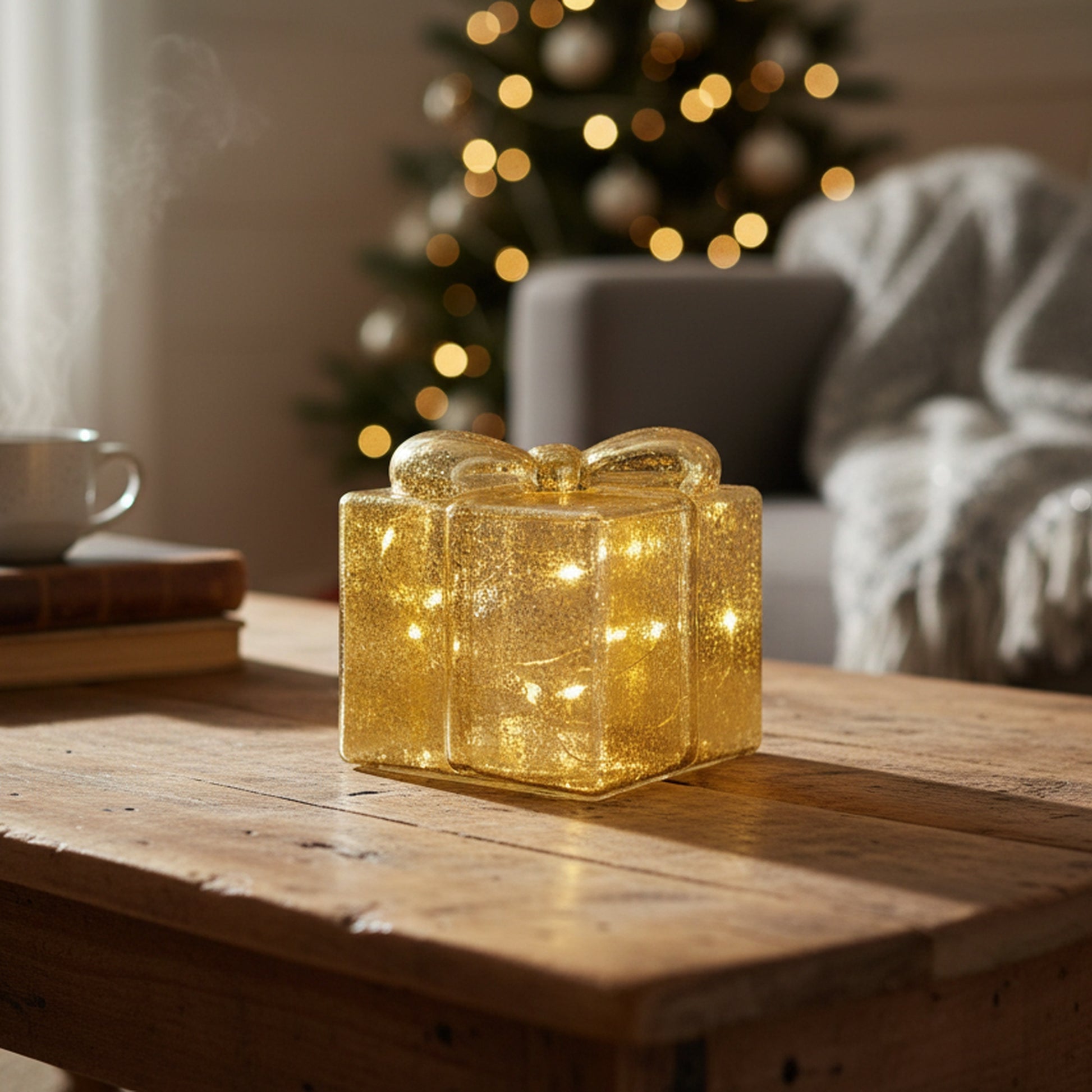 4.75" LED Glass Gift Box Gold, Storage Box, Holiday Decor
