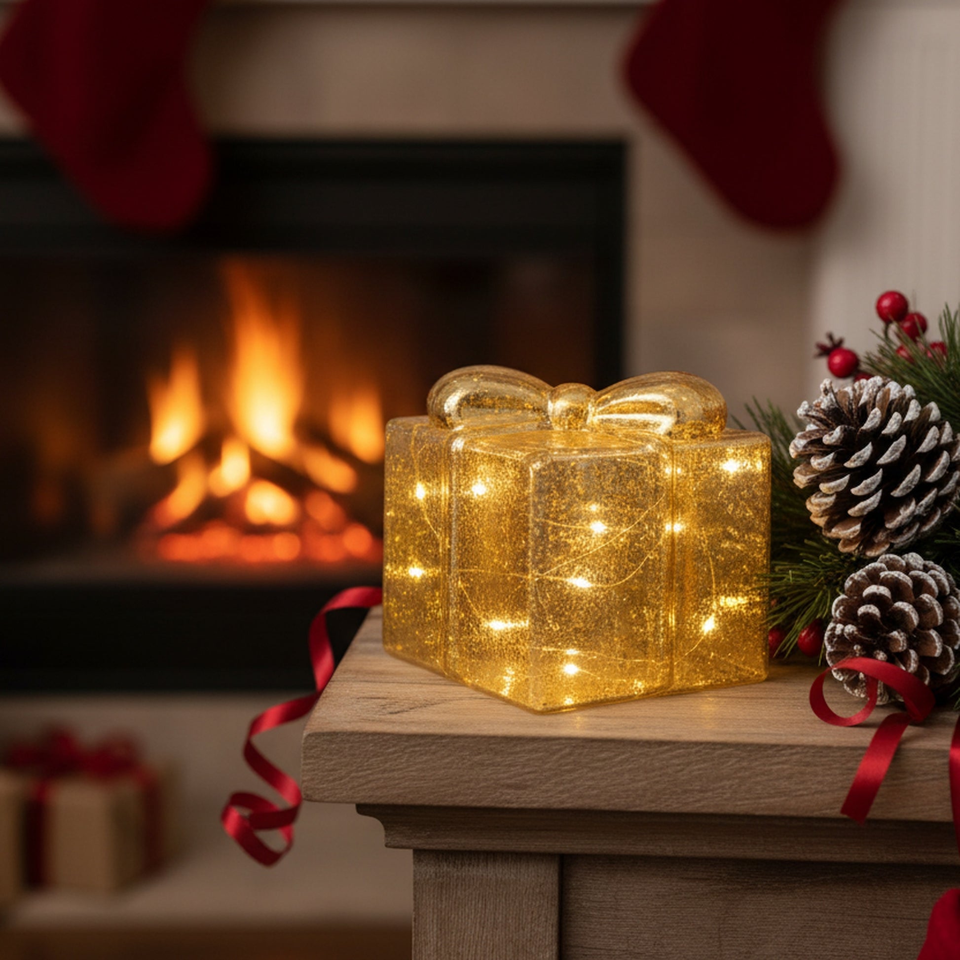 4.75" LED Glass Gift Box Gold, Storage Box, Holiday Decor