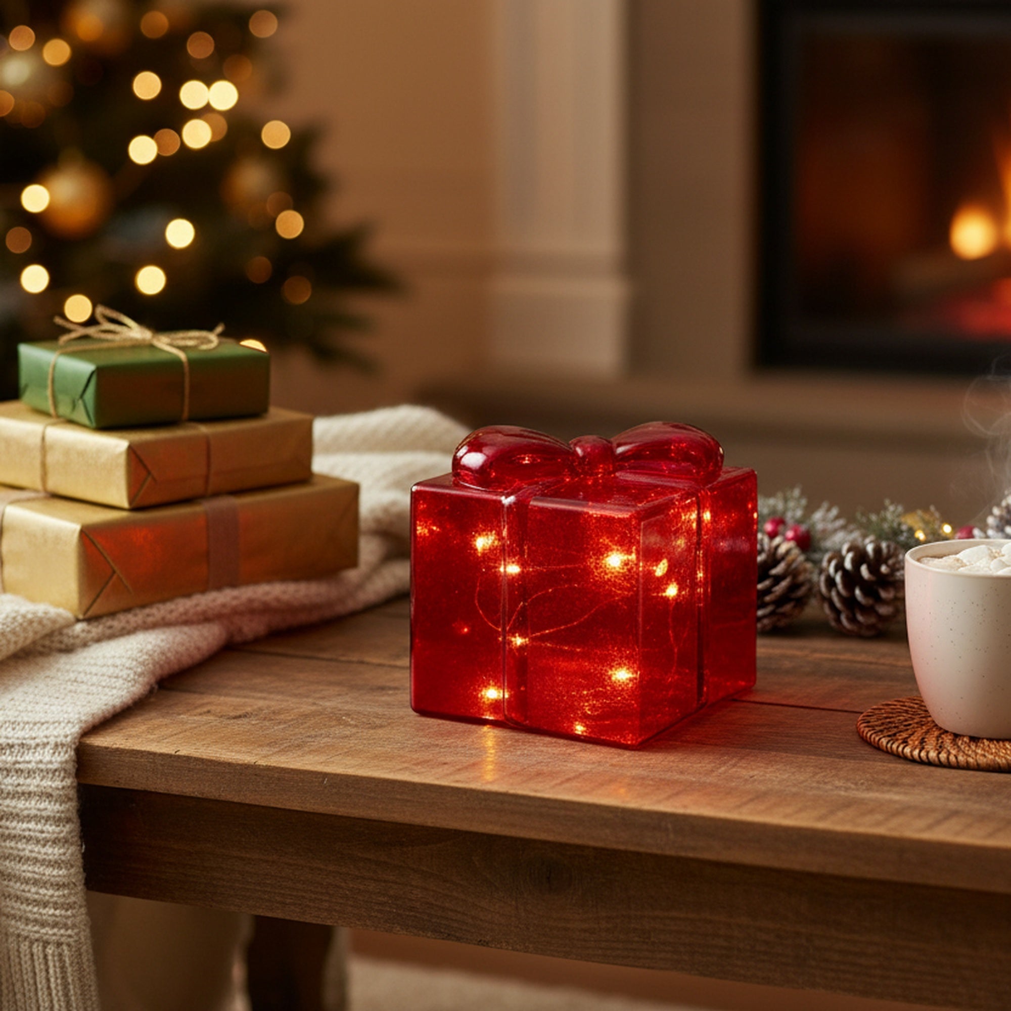 4.75" LED Glass Gift Box Red, Storage Box, Holiday Decor