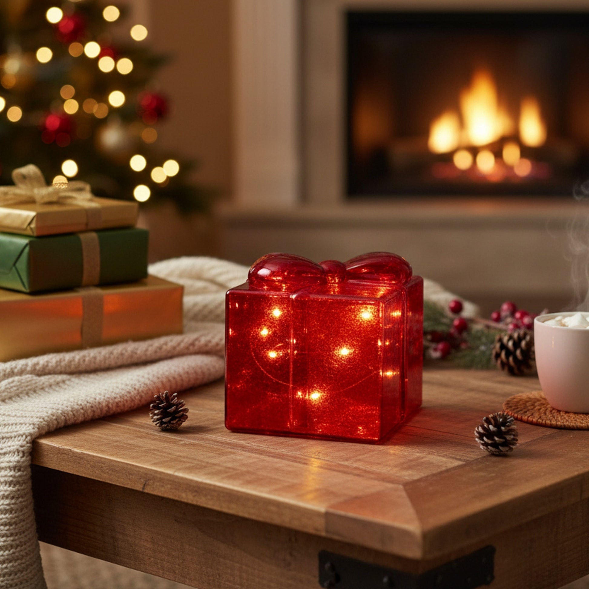 4.75" LED Glass Gift Box Red, Storage Box, Holiday Decor
