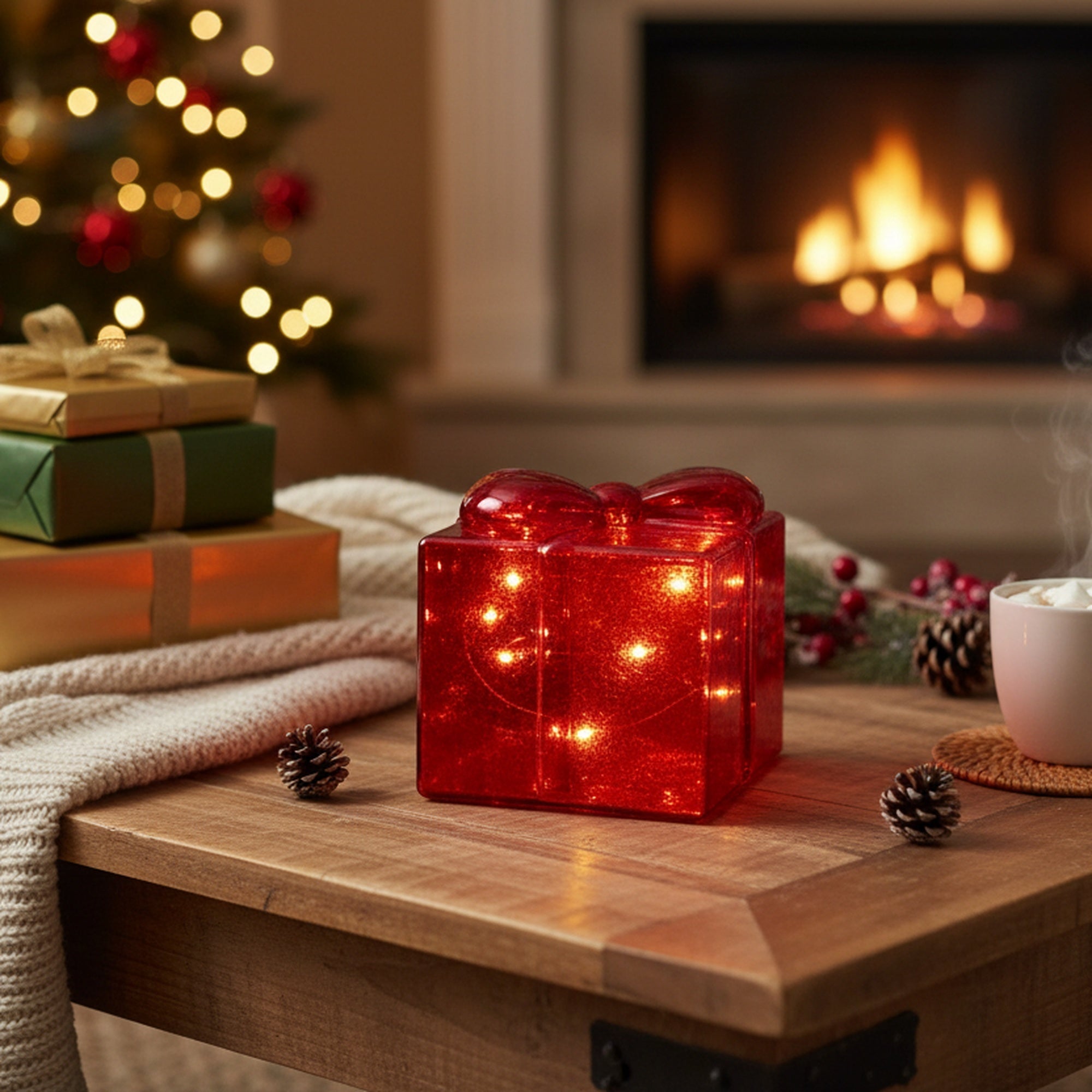 4.75" LED Glass Gift Box Red, Storage Box, Holiday Decor