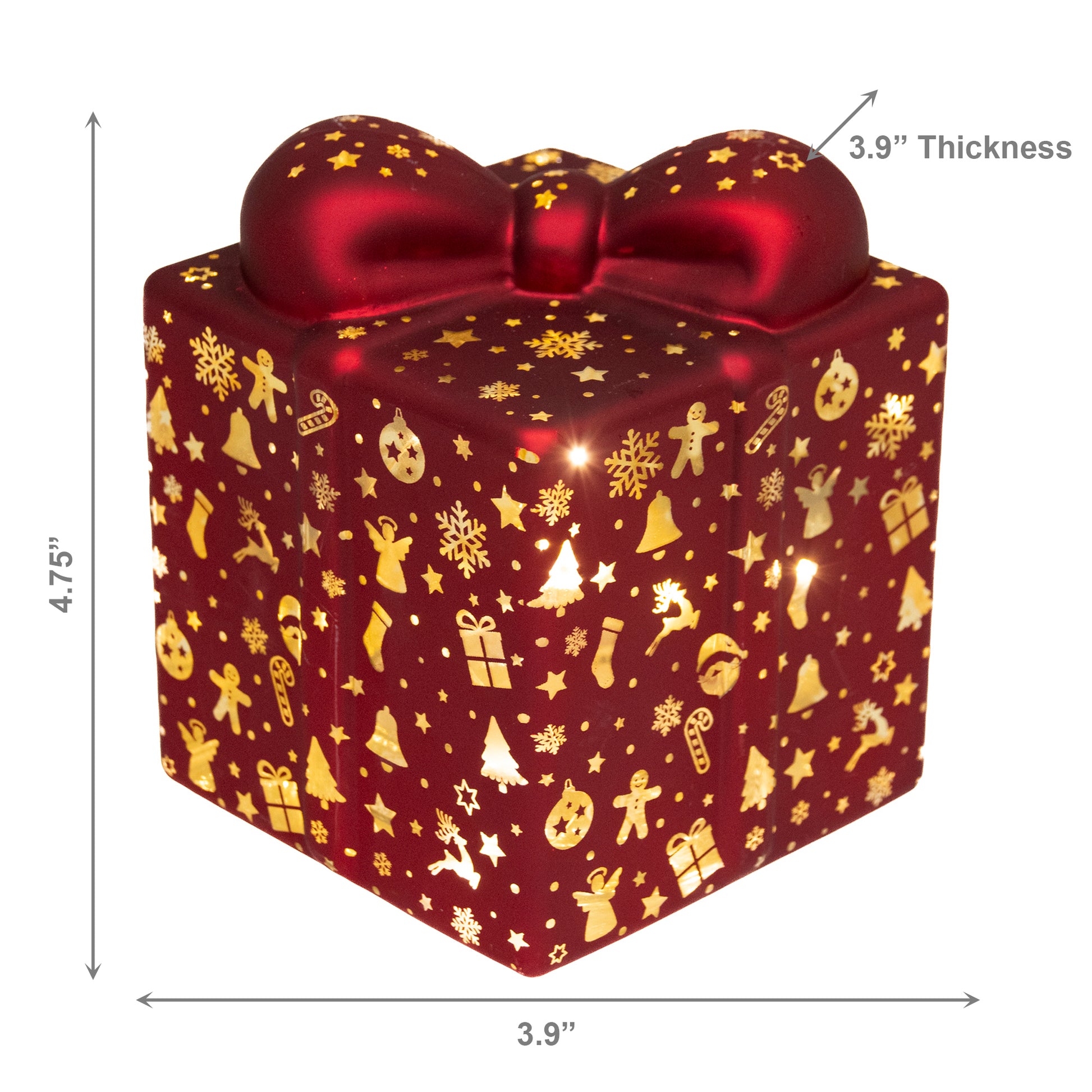 4.75" LED Glass Gift Box Red with Icons, Storage Box, Holiday Decor