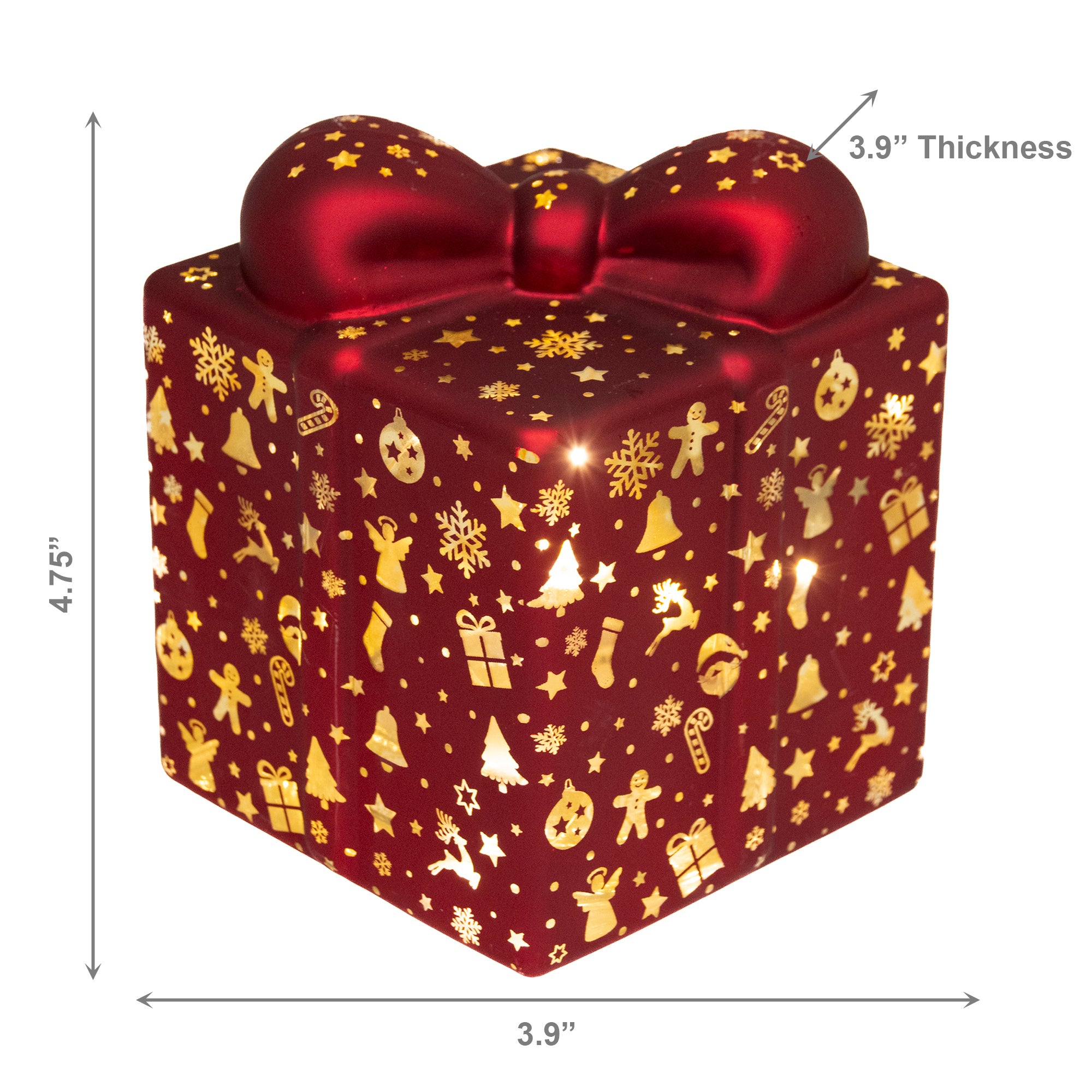 4.75" LED Glass Gift Box Red with Icons, Storage Box, Holiday Decor