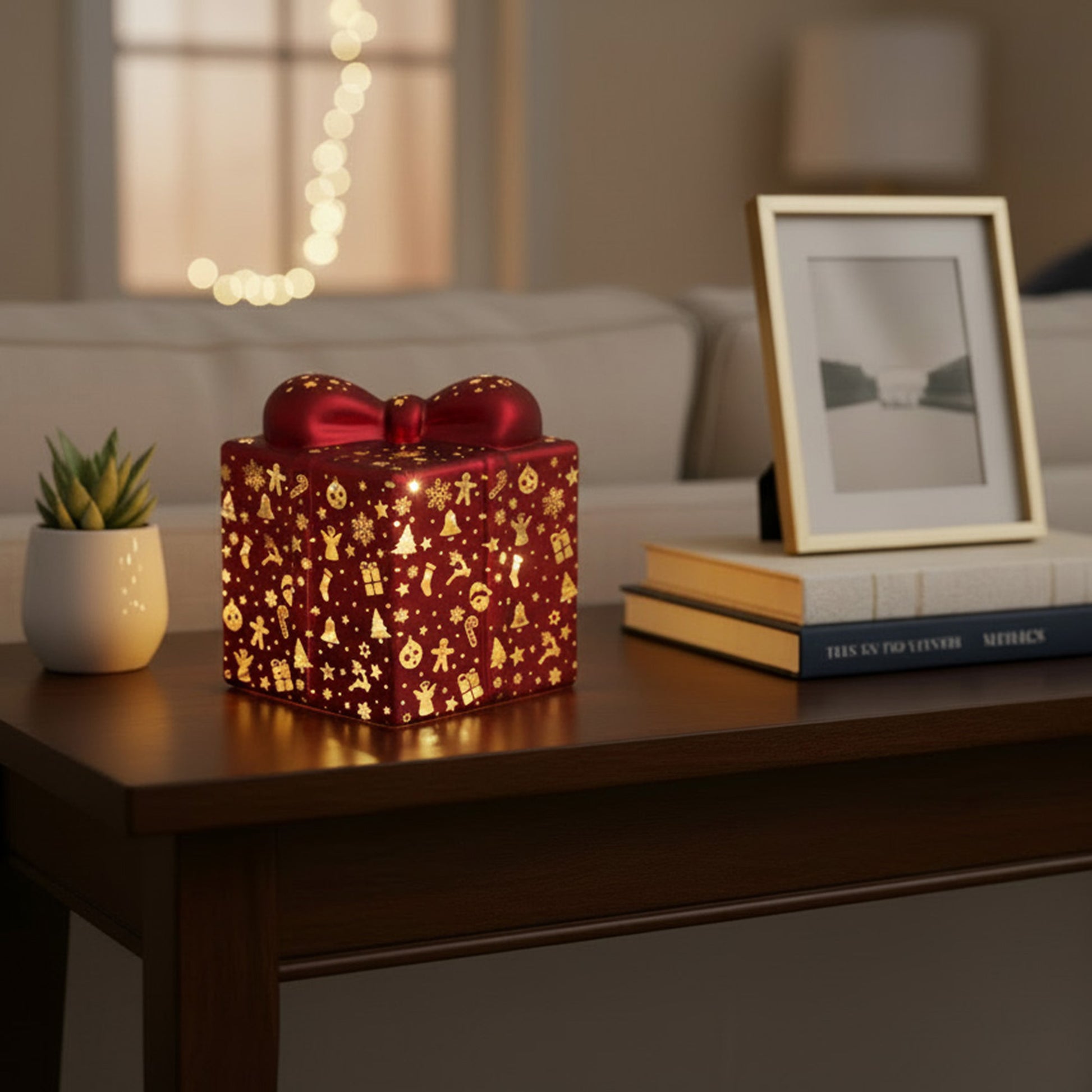 4.75" LED Glass Gift Box Red with Icons, Storage Box, Holiday Decor