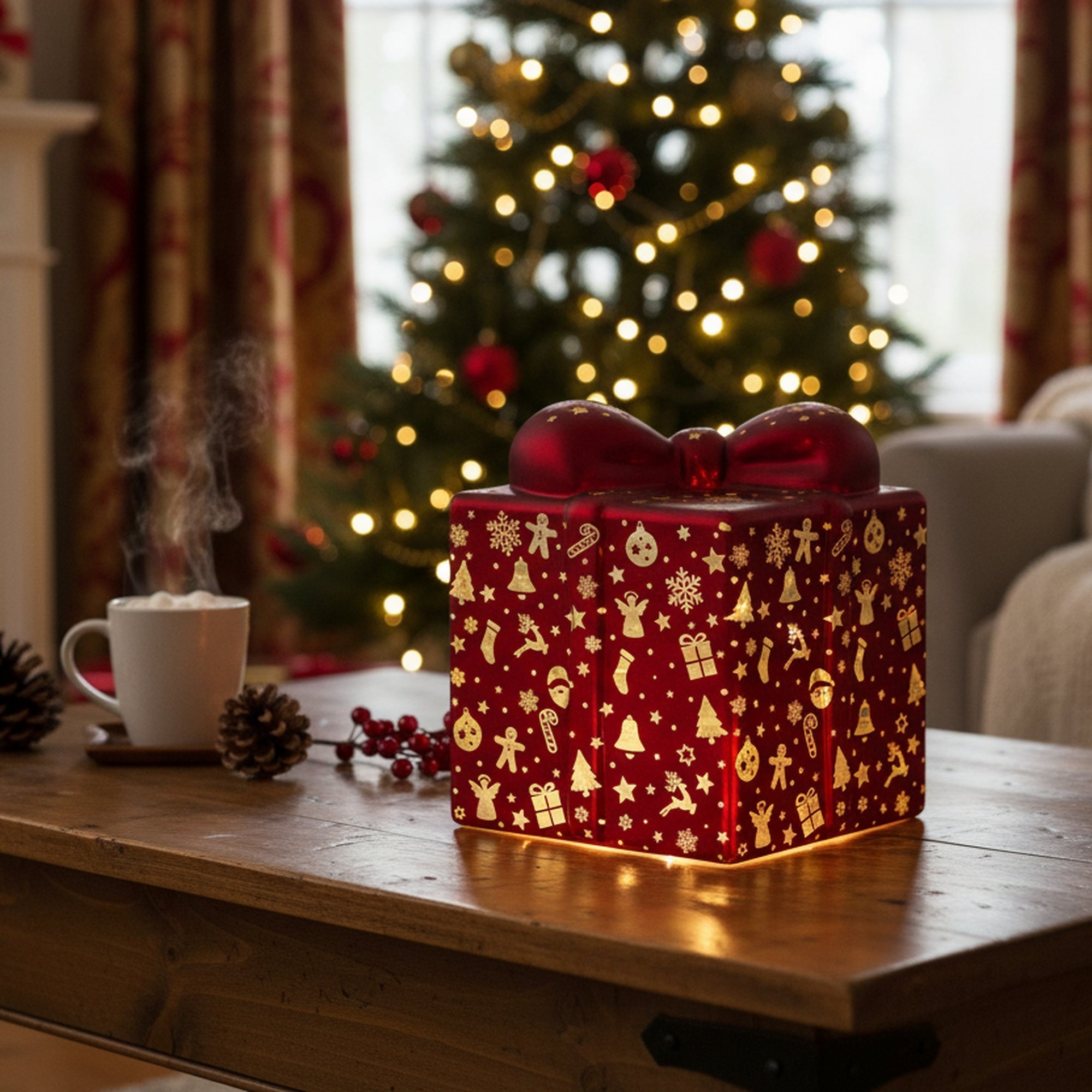 4.75" LED Glass Gift Box Red with Icons, Storage Box, Holiday Decor