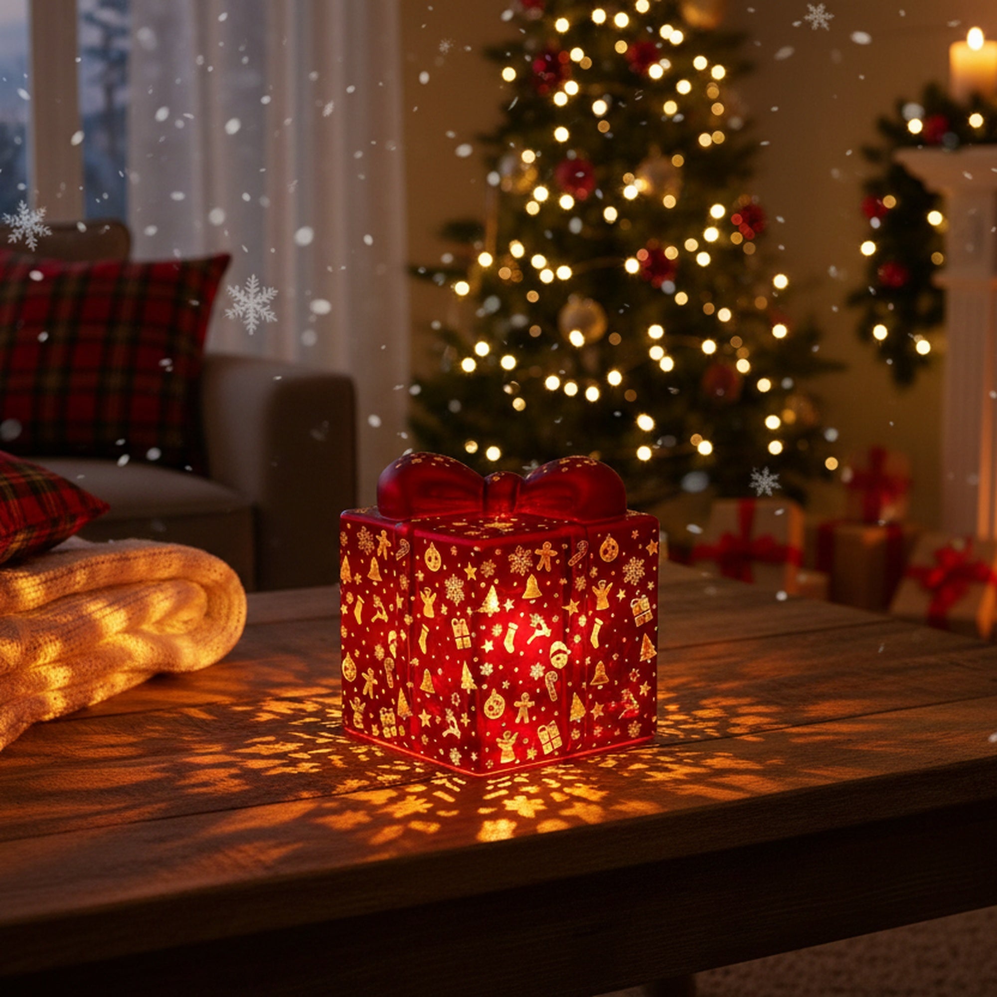4.75" LED Glass Gift Box Red with Icons, Storage Box, Holiday Decor