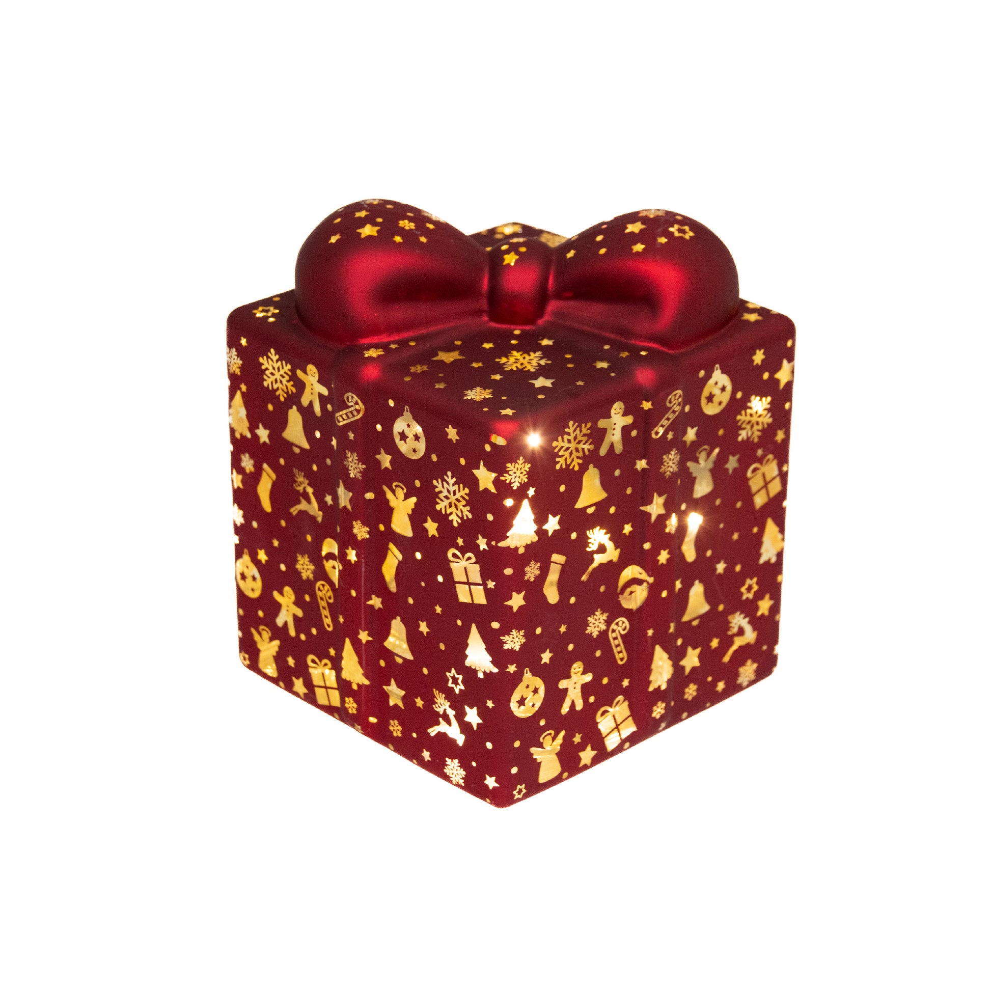 4.75" LED Glass Gift Box Red with Icons, Storage Box, Holiday Decor