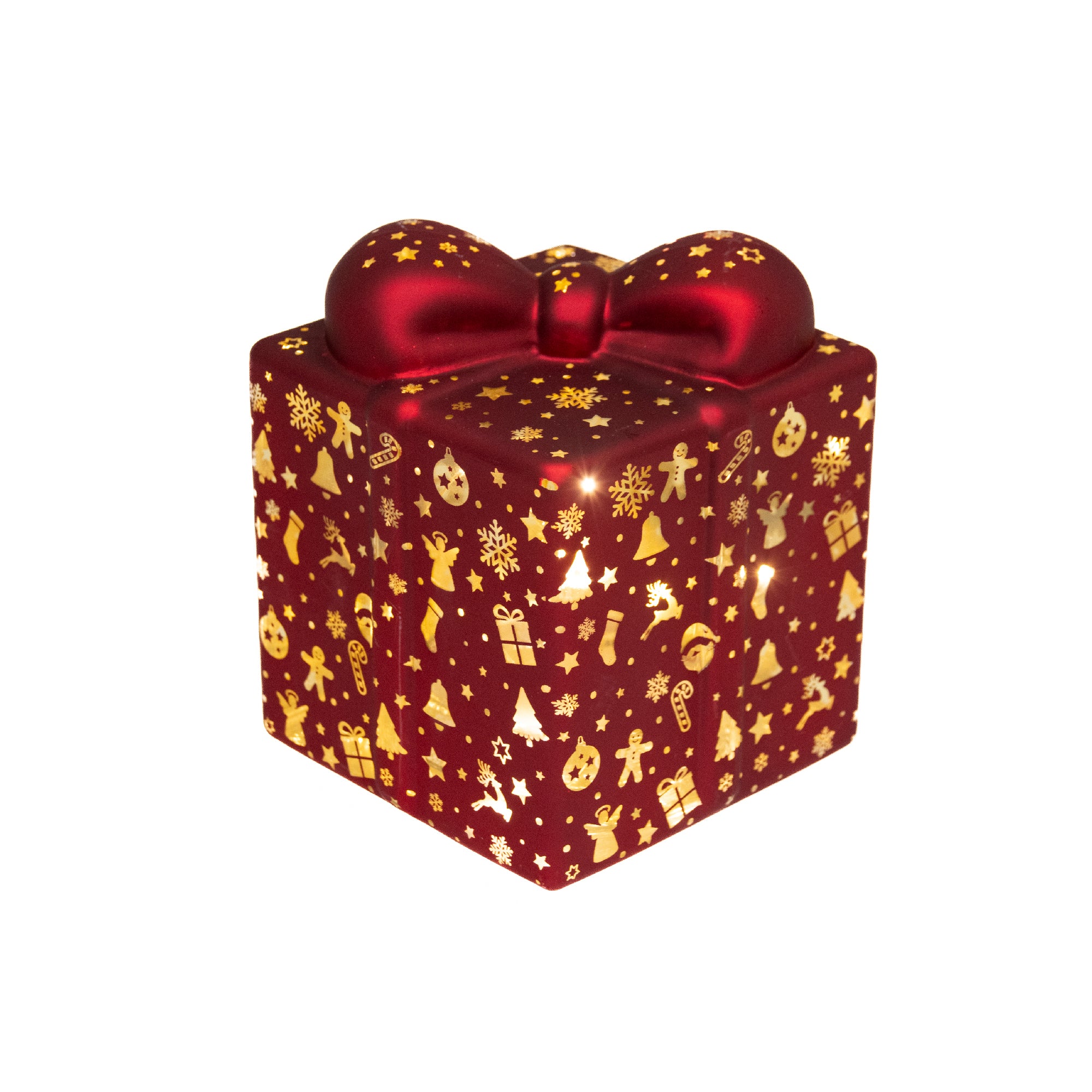 4.75" LED Glass Gift Box Red with Icons, Storage Box, Holiday Decor
