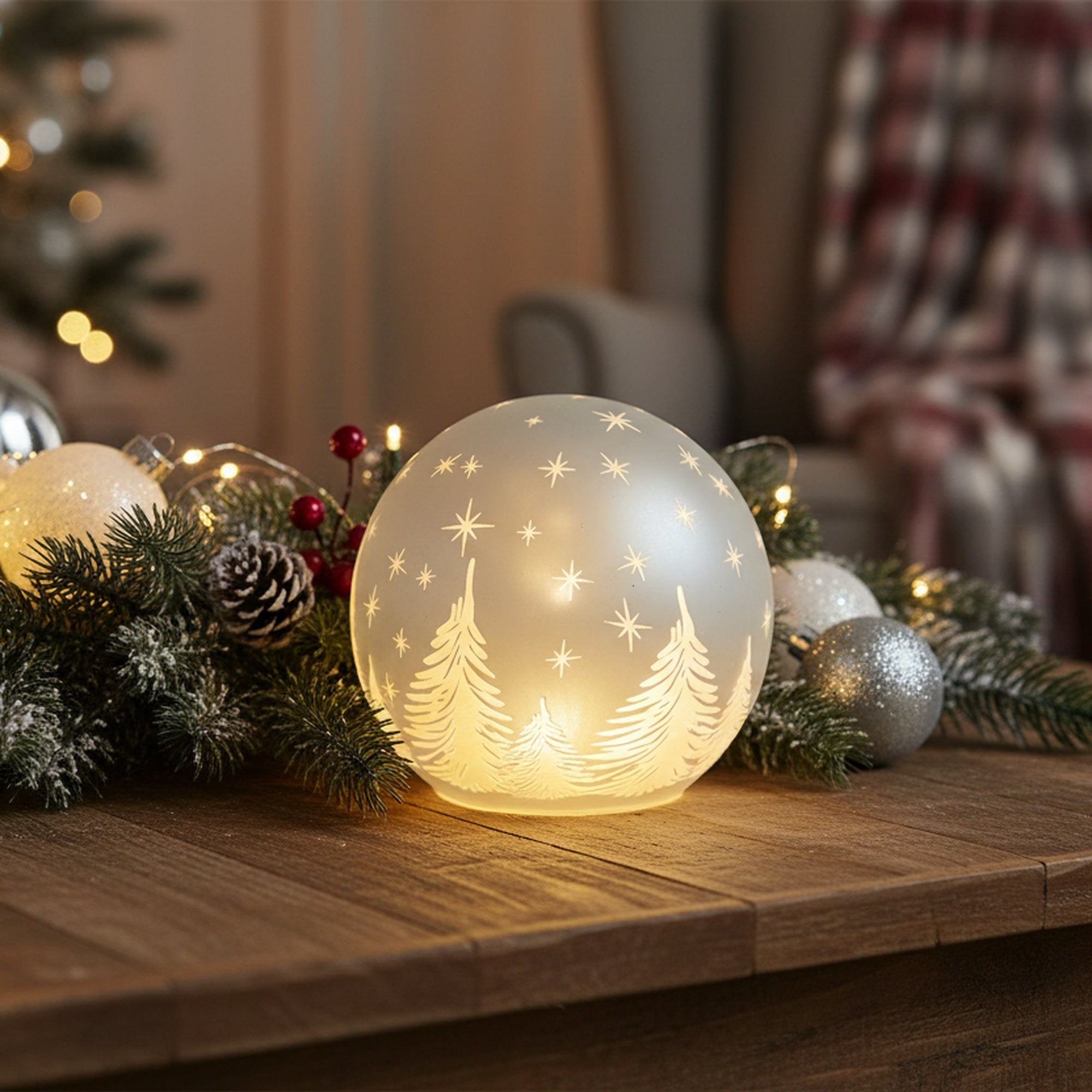 4.3" LED Glass Globe Decor Christmas Tree Silver, Christmas, Holiday Decor