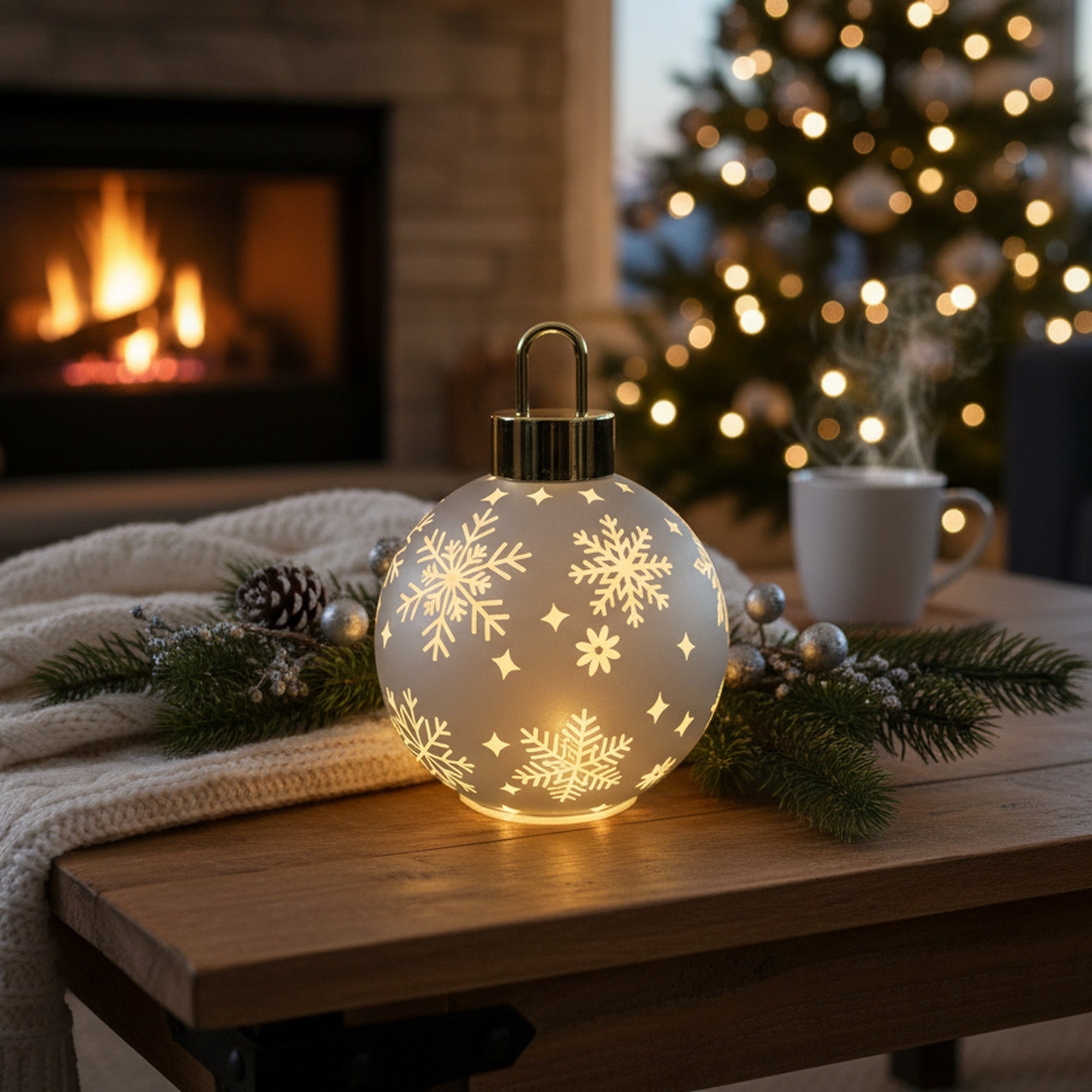 7.5" LED Glass Ball Ornament Snowflakes Silver, Ornament, Holiday Decor