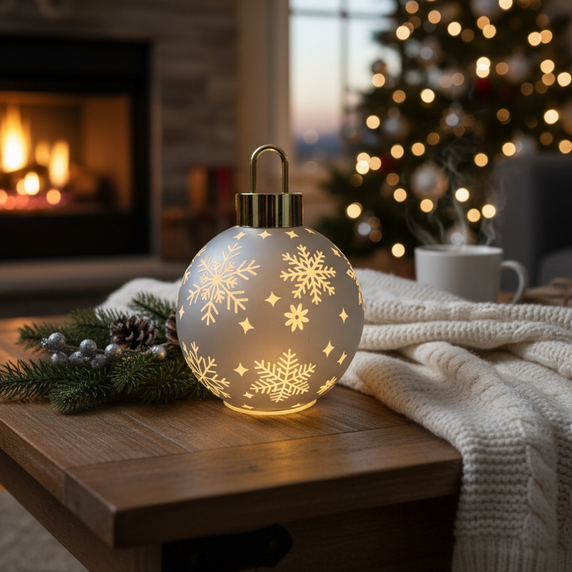 7.5" LED Glass Ball Ornament Snowflakes Silver, Ornament, Holiday Decor