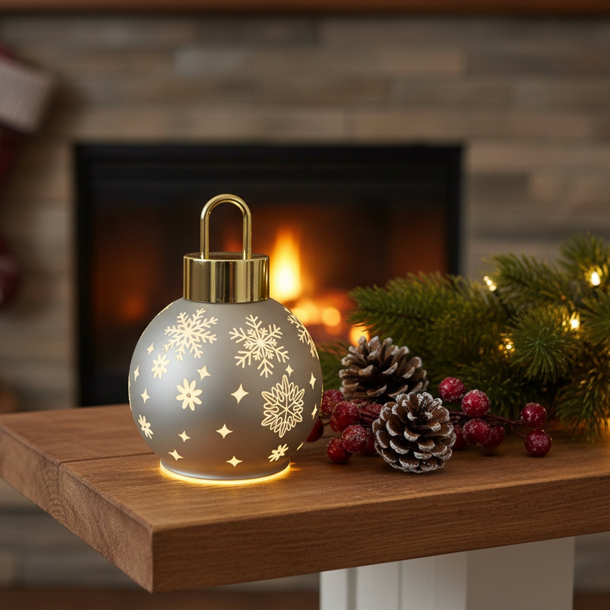 5.5" LED Glass Ball Ornament Snowflakes Silver, Ornament, Holiday Decor