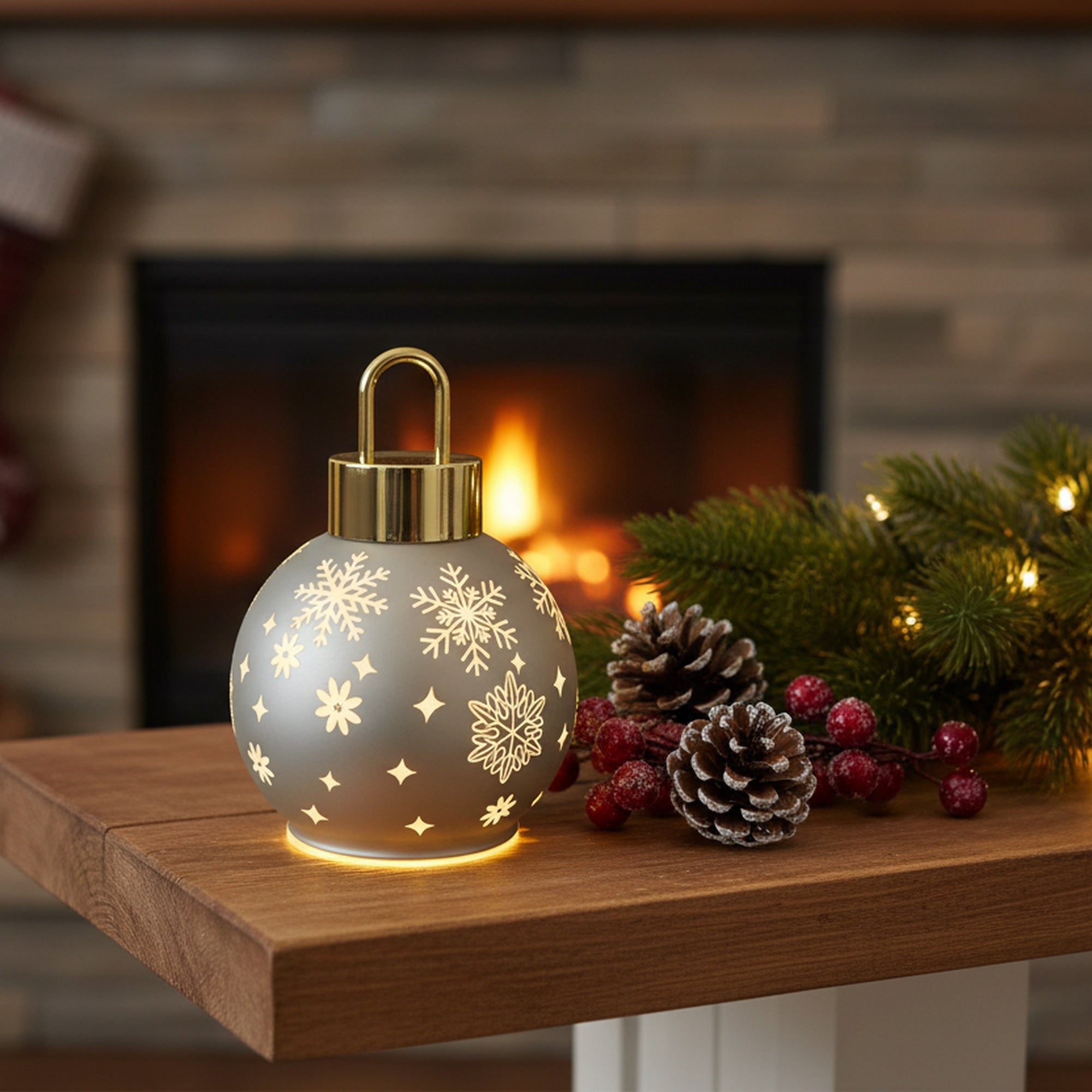 5.5" LED Glass Ball Ornament Snowflakes Silver, Ornament, Holiday Decor