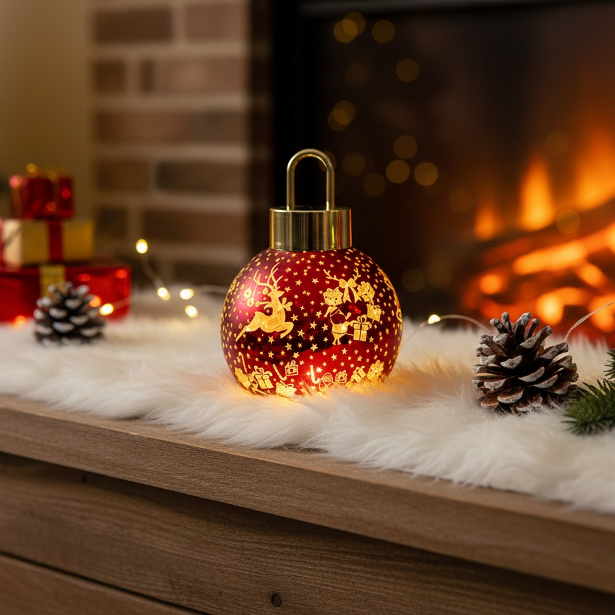 7.5" LED Glass Ball Ornament Reindeer Gifts Red, Christmas, Ornament, Holiday Decor
