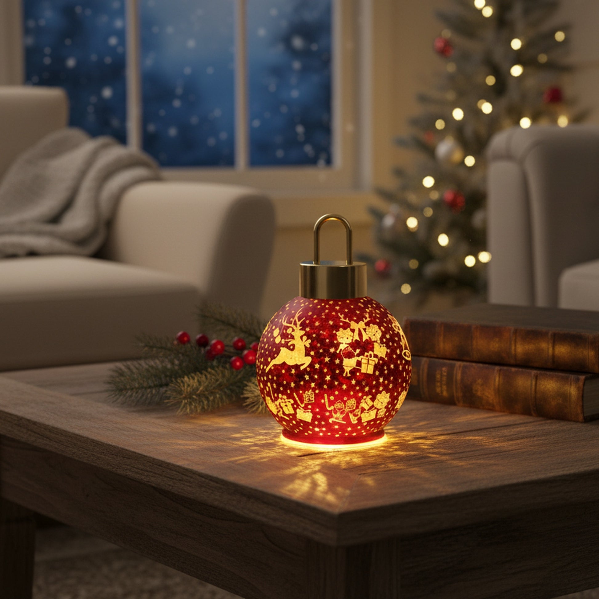 7.5" LED Glass Ball Ornament Reindeer Gifts Red, Christmas, Ornament, Holiday Decor