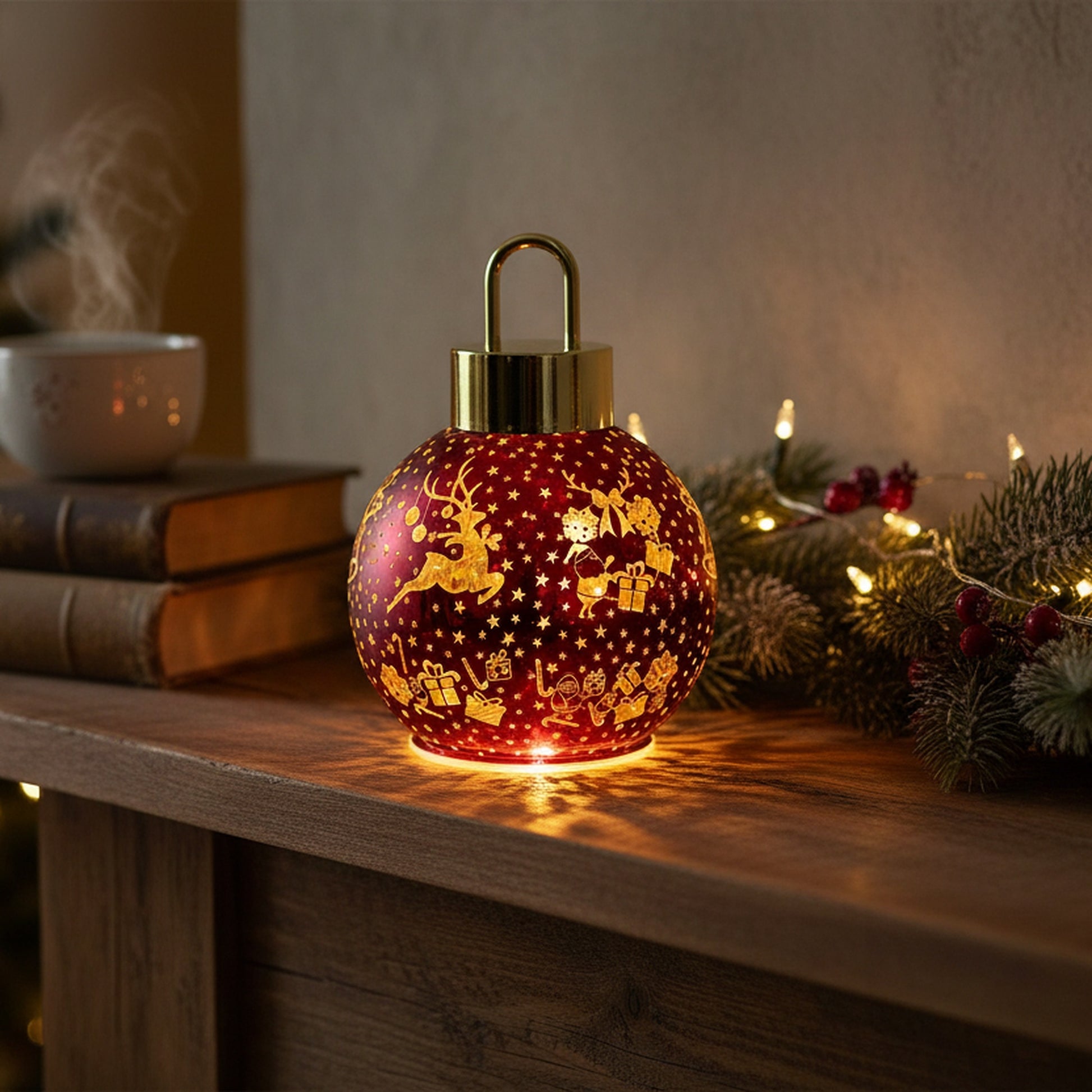 5.5" LED Glass Ball Ornament Reindeer Gifts Red, Christmas, Ornament, Holiday Decor