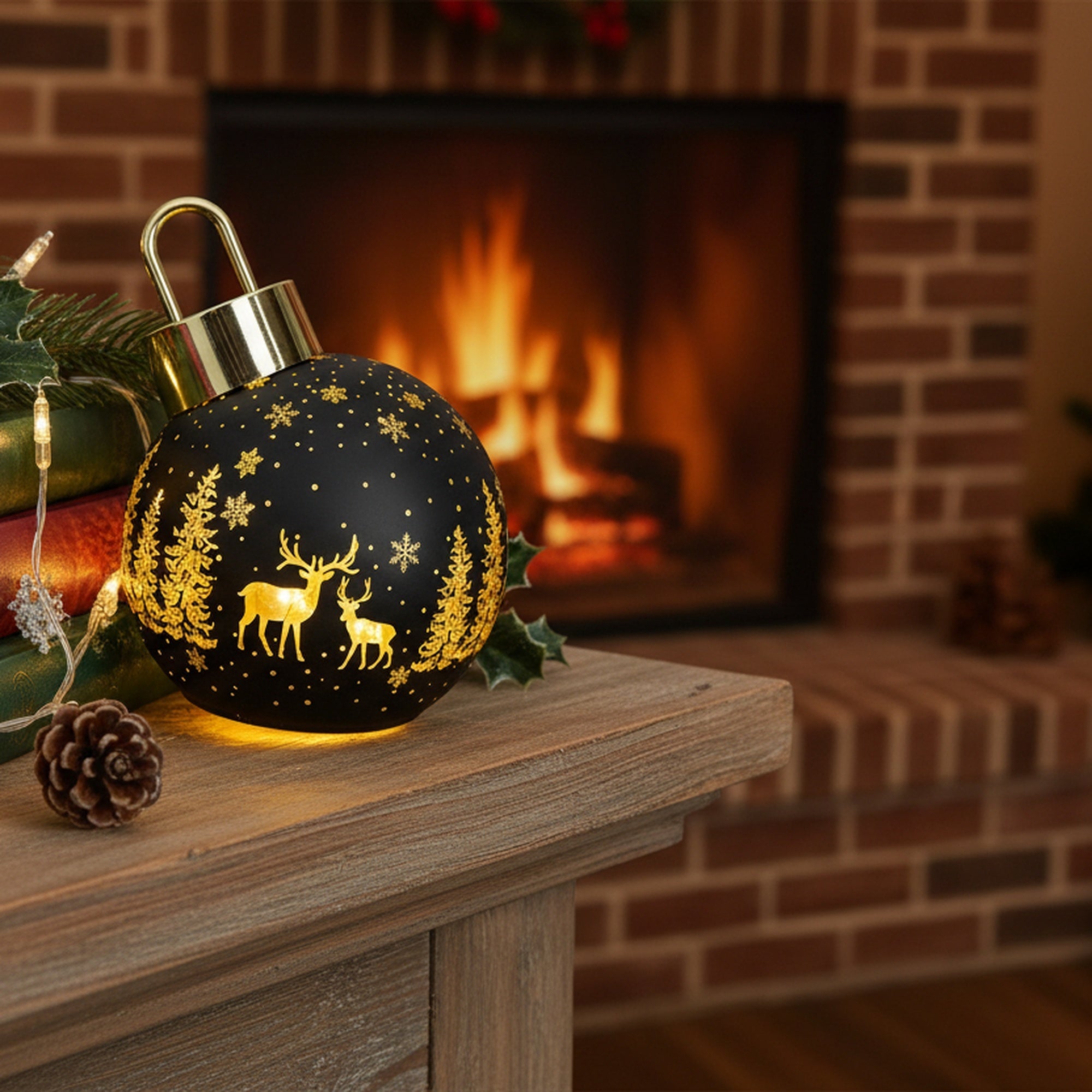7.5" LED Leaning Glass Ball Ornament Reindeer Forest Black, Christmas, Ornament, Holiday Decor