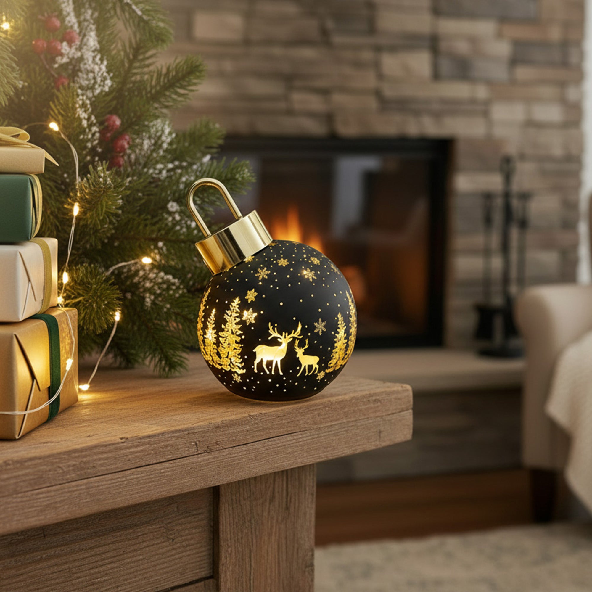 5.5" LED Leaning Glass Ball Ornament Reindeer Forest Black, Christmas, Ornament, Holiday Decor