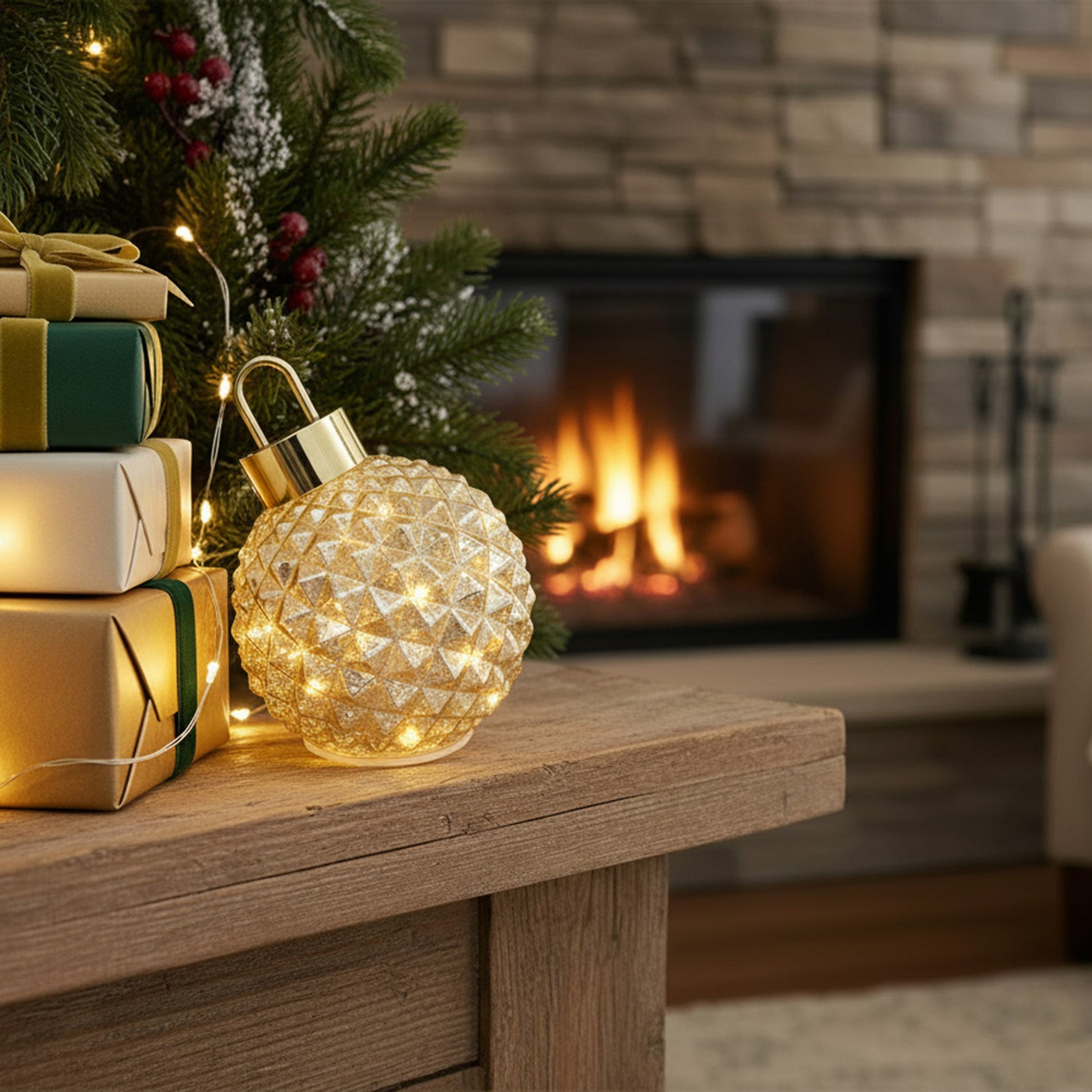 5.5" LED Leaning Diamond Rotating Glass Ornament Gold, Ornament, Holiday Decor