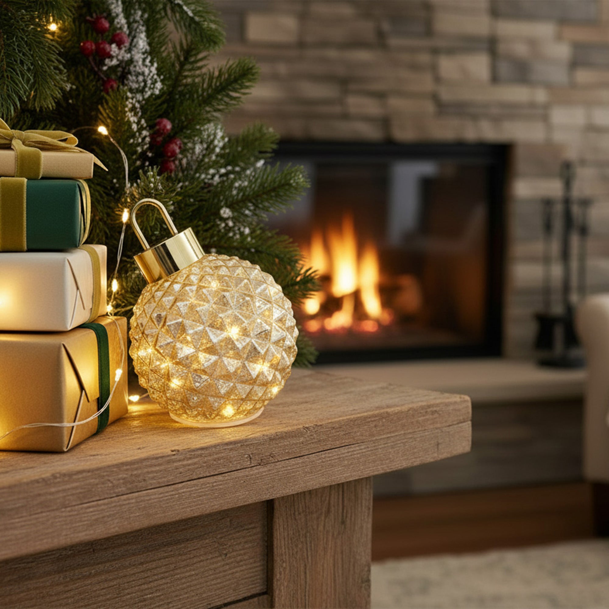 5.5" LED Leaning Diamond Rotating Glass Ornament Gold, Ornament, Holiday Decor
