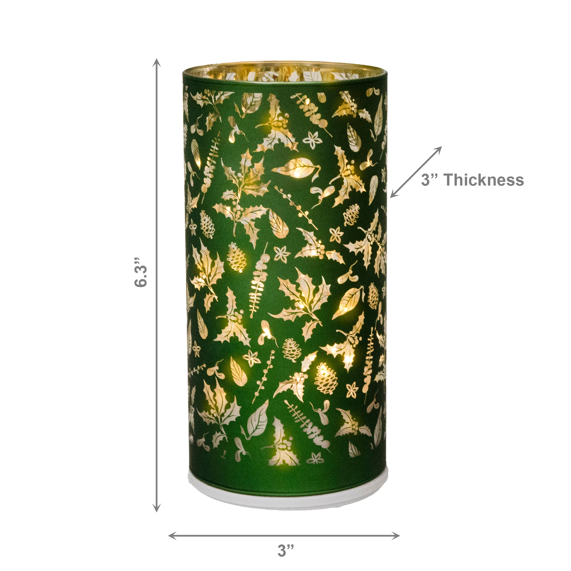 6.3" LED Rotating Cylinder Glass Stand Mistletoe Green, Christmas, Holiday Decor