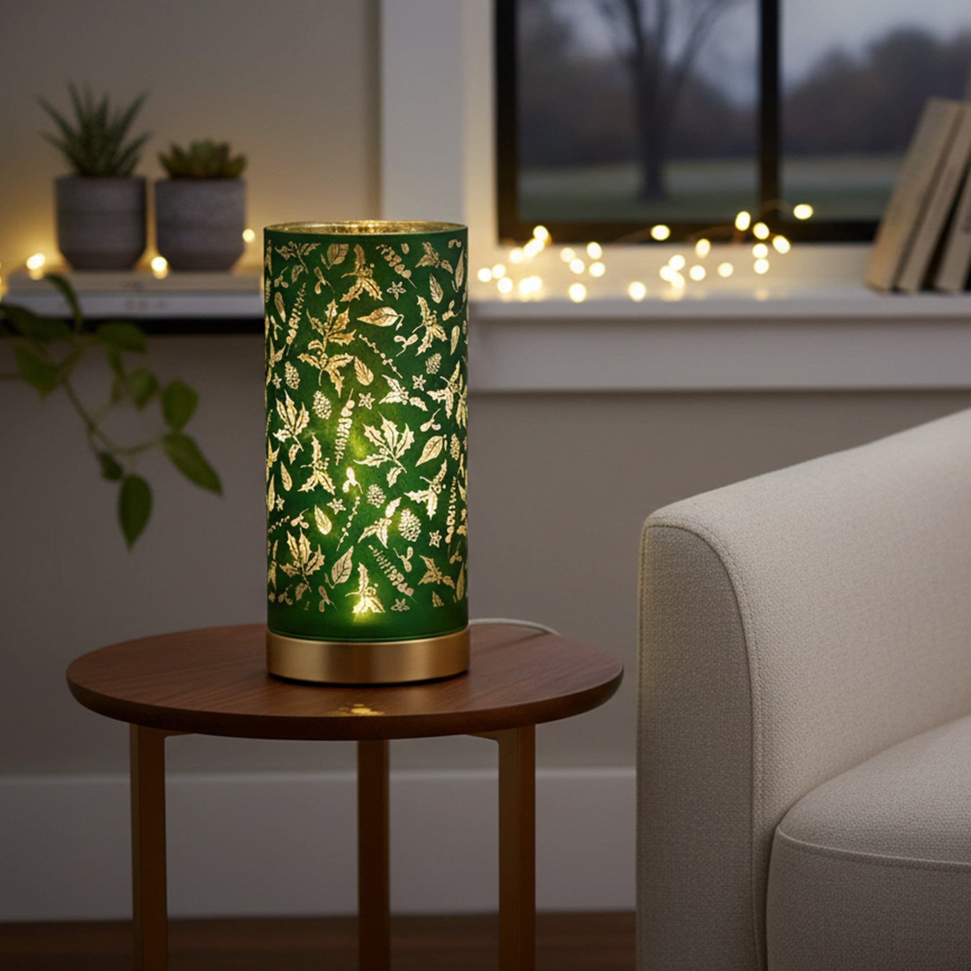 6.3" LED Rotating Cylinder Glass Stand Mistletoe Green, Christmas, Holiday Decor